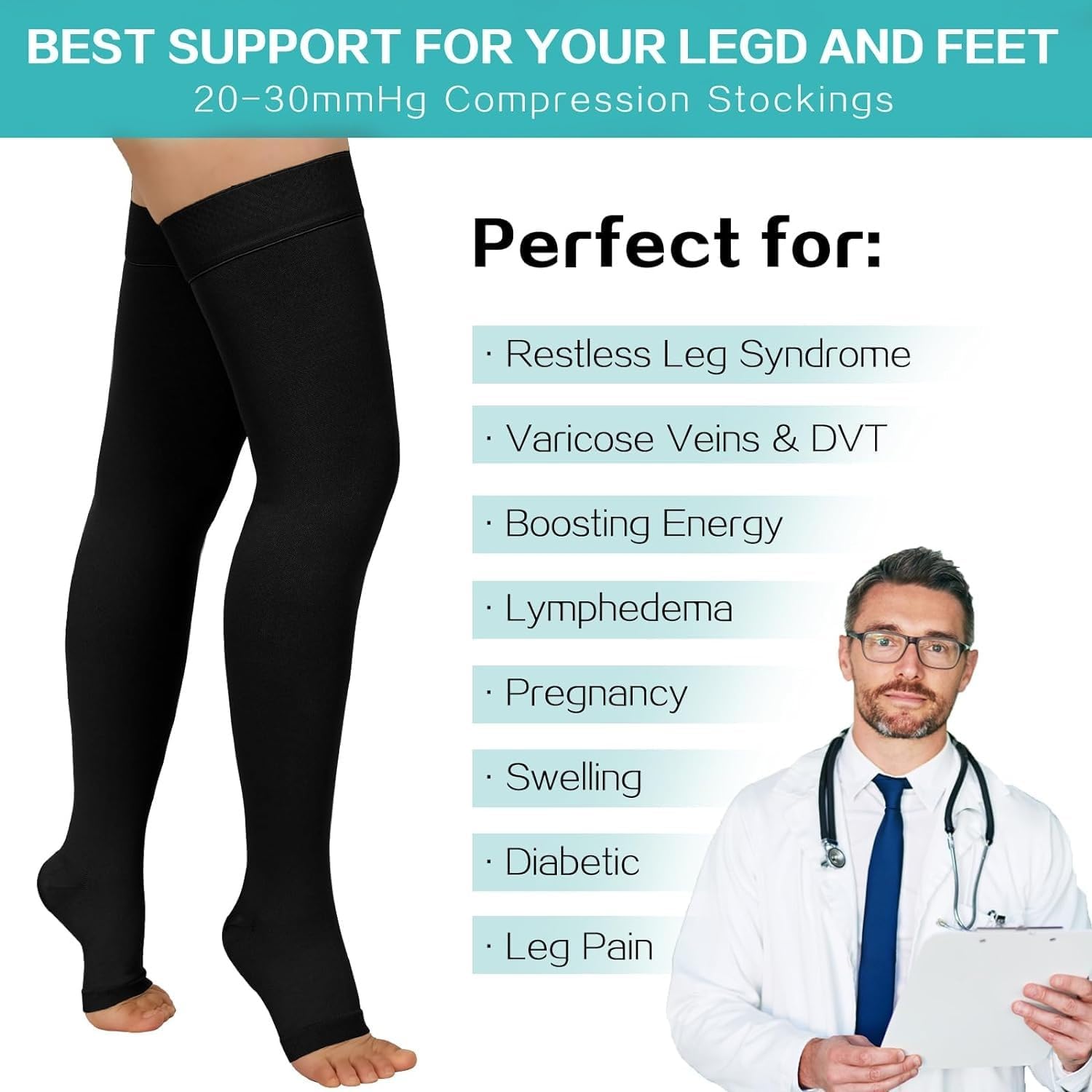 Thigh High 20-32 mmHg Compression Stocking Toeless Compression Socks for women & men circulation with Silicone Dot Band - Image 3