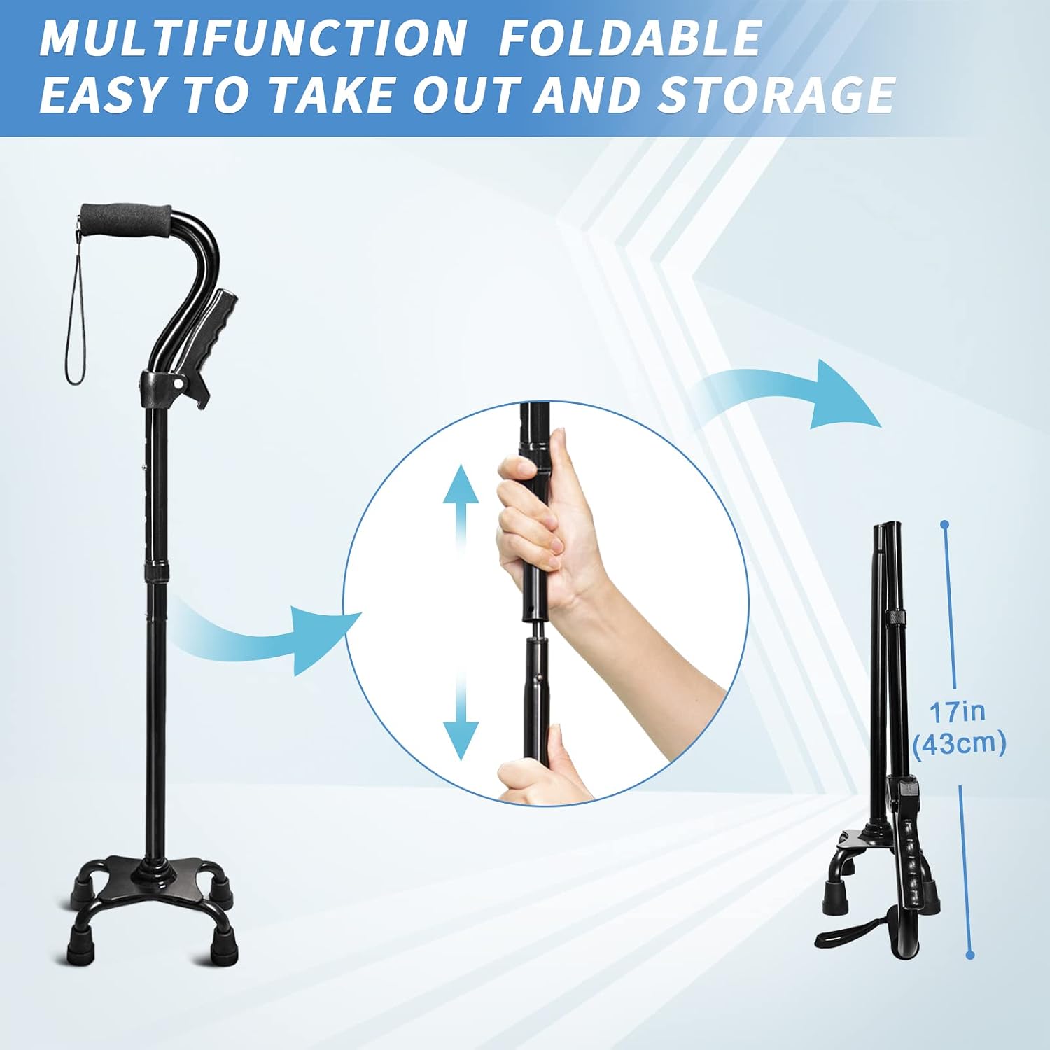 Adjustable Walking Cane for Men & Women with 4-Pronged Base for Extra Stability - Foldable Cane for Seniors with Foam Padded Offset Handle for Soft Grip & a Second Handle for Standing - Image 7
