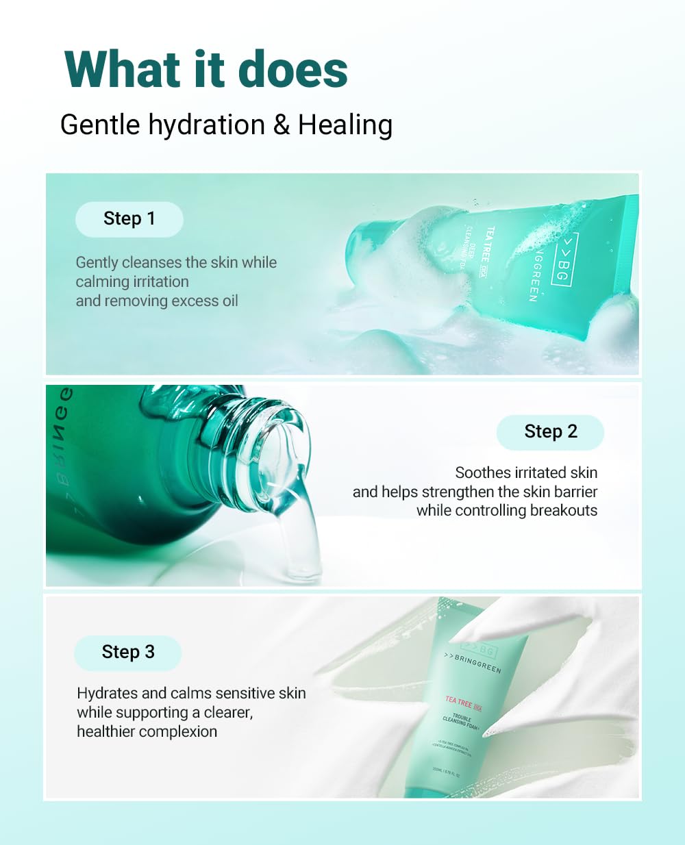 BRING GREEN TEA TREE CICA SET | Korean Skin Care Kit for Acne-Prone, Sensitive Skin | Zinc Teca Serum, Tea Tree Hydrating Moisturizer & Deep Cleansing Foam | Oil Control & Pore Care | K-Beauty Gift - Image 7