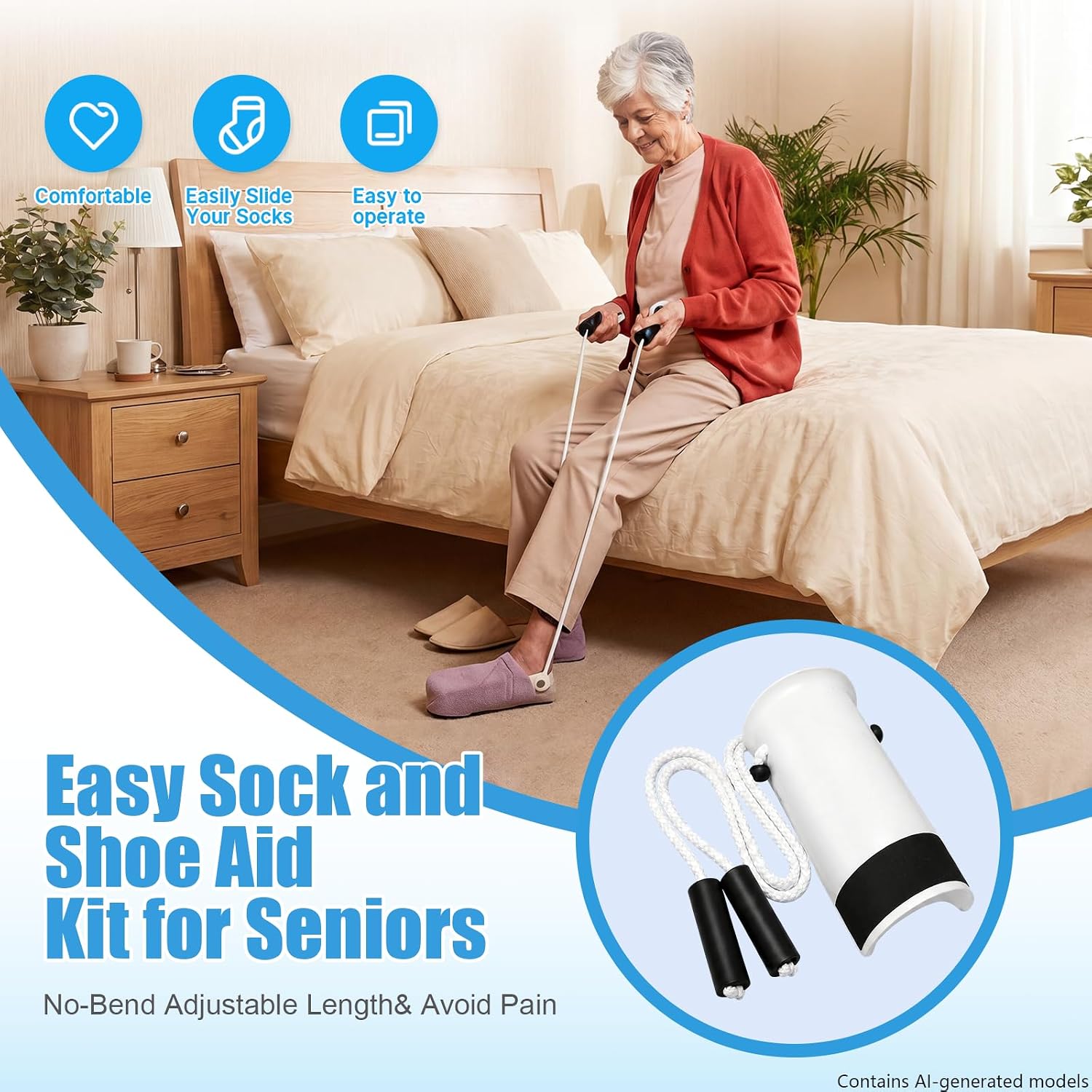 Sock Aid,Sock Aids for Putting On Socks Kit,Sock Helper for Seniors with Adjustable Shoe Horn,Sock Assistant Device No Bending Easy Put on Socks Without Bending for Elderly Disabled After Surgery - Image 2