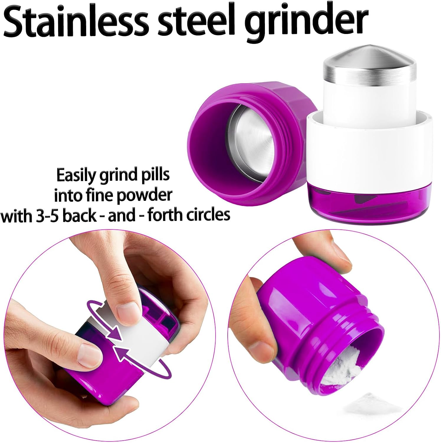 Pill Cutter Splitter for Small and Tiny Pills Vitamins Tablets, Built-in Storage Compartment, Pill Crusher Fine Powder with Stainless Steel Grinding Head,Pills Grinder with Pill Box Organizer (Purple) - Image 5