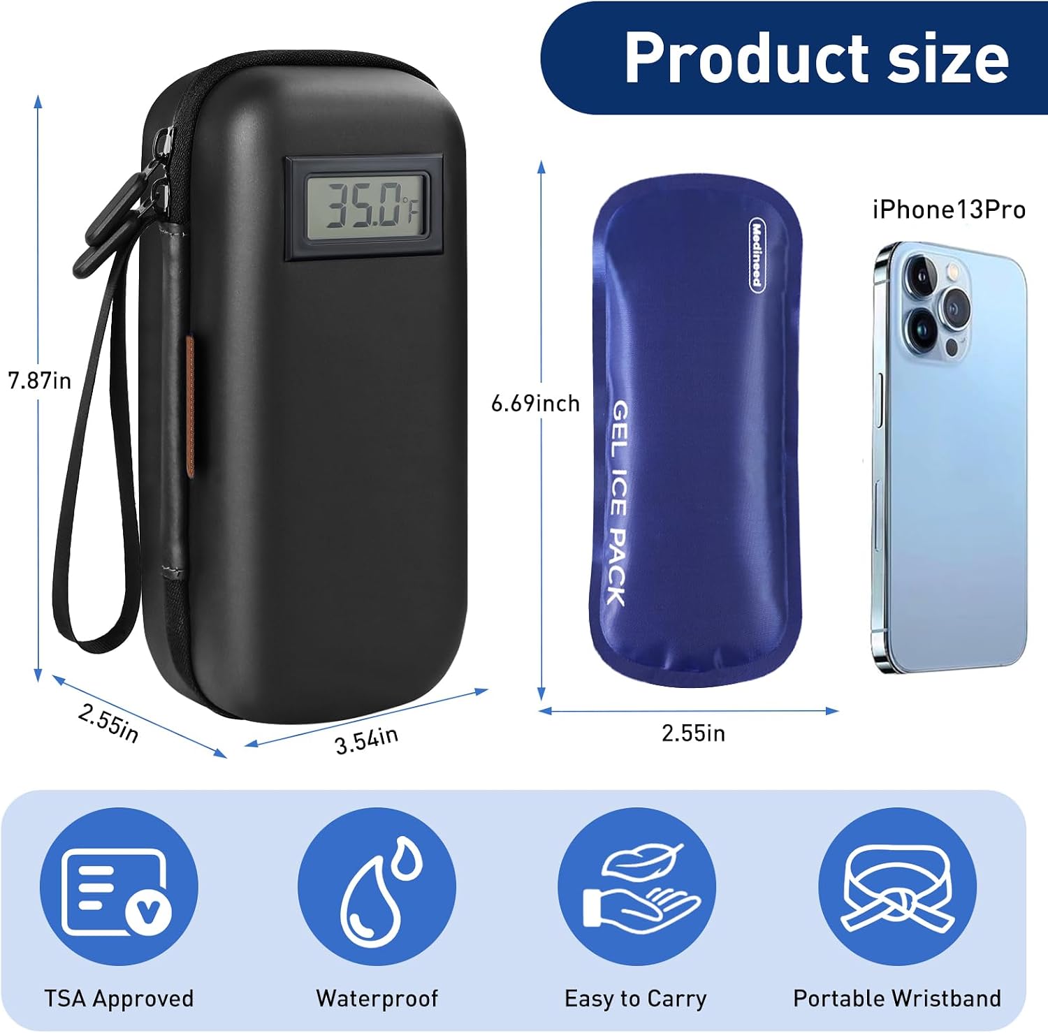 Medineed Temperature Display Insulin Travel Case, 2PCS Ice Packs, Black - Image 8
