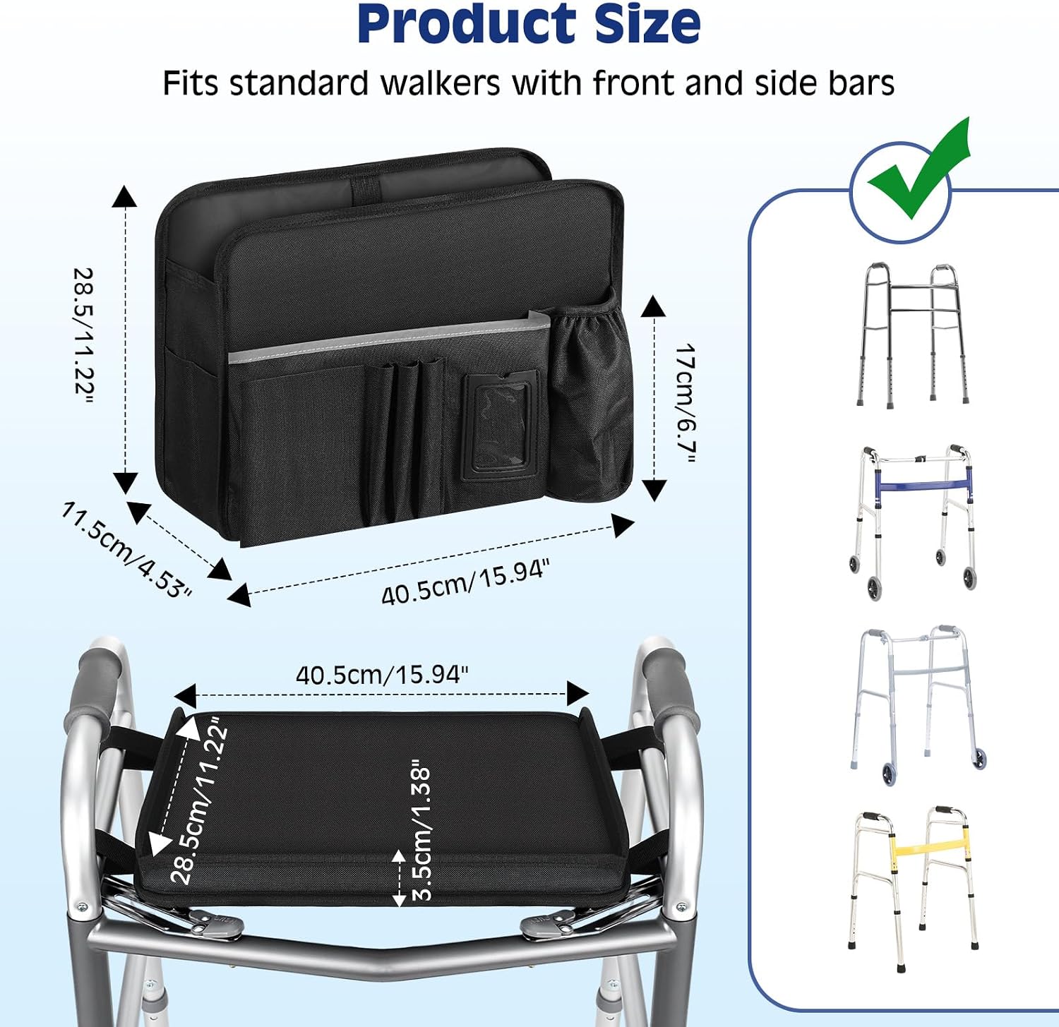 MoKo Walker Basket Bag with Tray, Upgraded Detachable Walker Tray for Folding Walkers with Non-Slip Mat, Large Storage Bag with Multi-Pockets and Cup Holder, Walkers Accessories for Senior, Black - Image 2