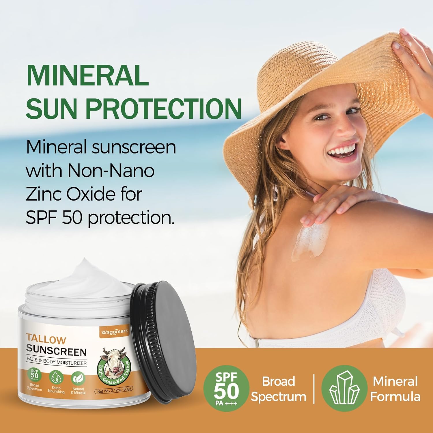 Beef Tallow Sunscreen SPF 50 - Mineral Sunscreen with Zinc Oxide - Non-Toxic Natural Sunblock for Face & Body - Water Resistant, Reef Safe, Moisturizing for Dry and Sensitive Skin - Image 2