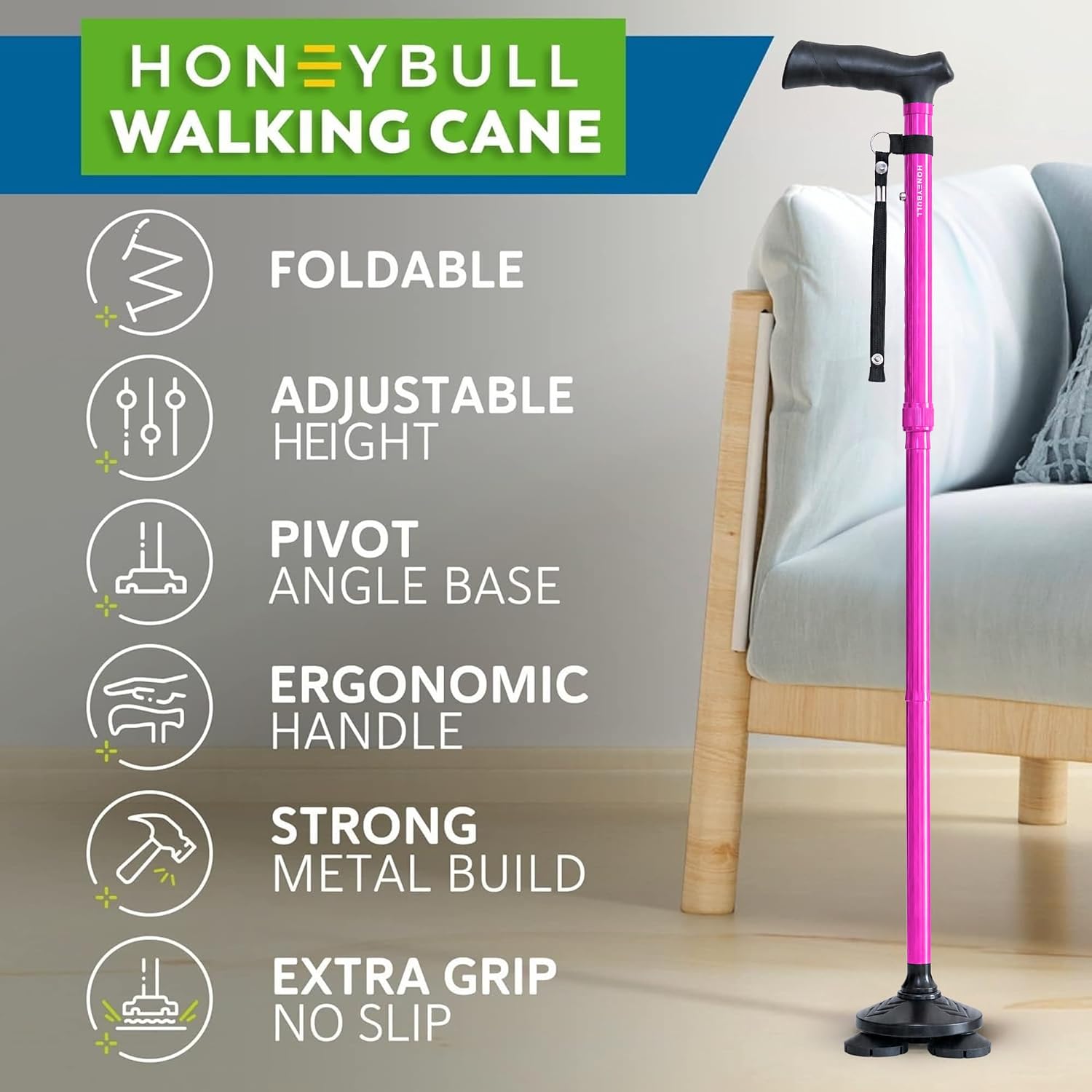 HONEYBULL Walking Cane for Men & Women, Foldable Free Standing Cane - Image 2