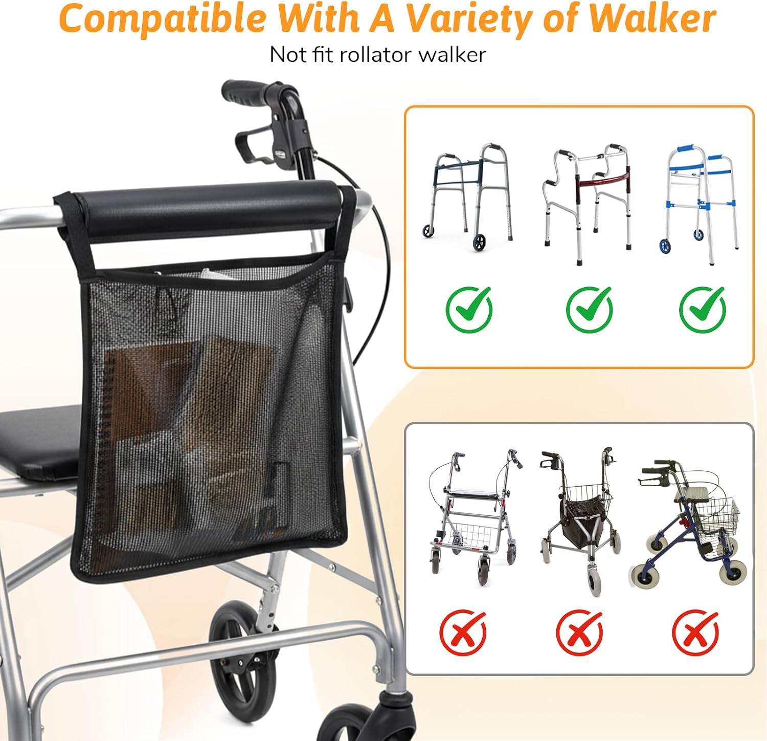 Walker Side Bag Walker Bags Folding WalkerLightweight Side WalkerBasket Organizer Mesh Bags for Most Walkers WithSide Bar for Seniors Rollator Accessories - Image 4