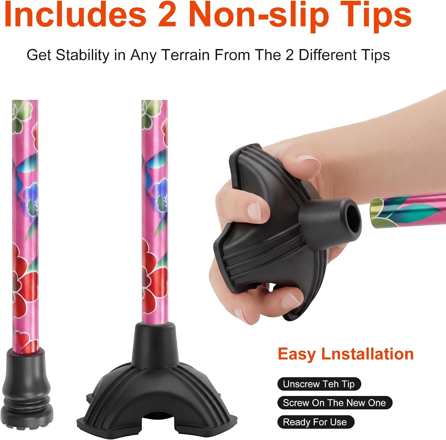 Floral Canes for Women Folding Cane for Stability with Non-Slip Base, Adjustable Walking Cane for Seniors - Lightweight Collapsible Walking Sticks with T & Offset Handle - Image 5