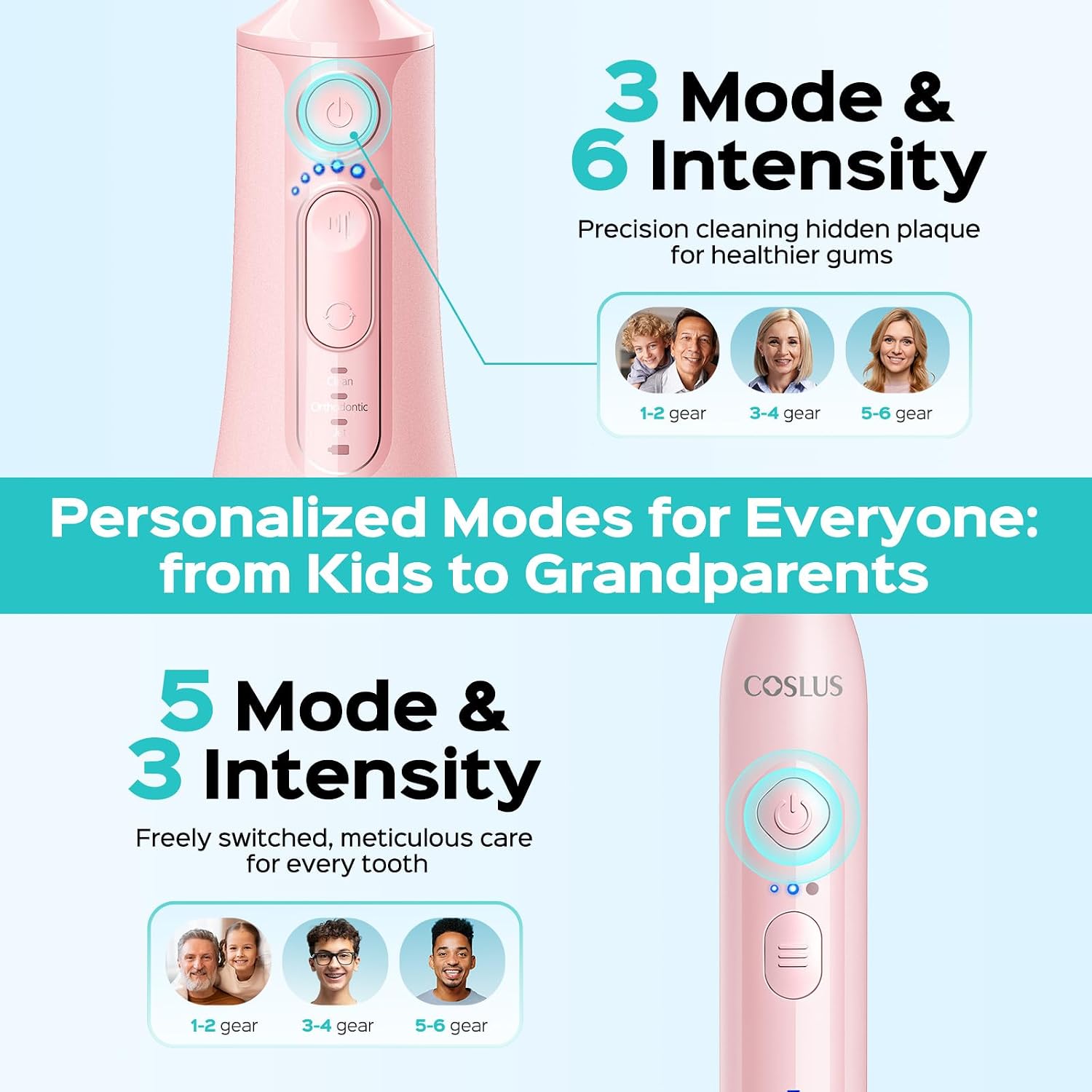 COSLUS C51C30 Water Flosser Electric Toothbrush Combo, Pink Oral Clean Kit - Image 4