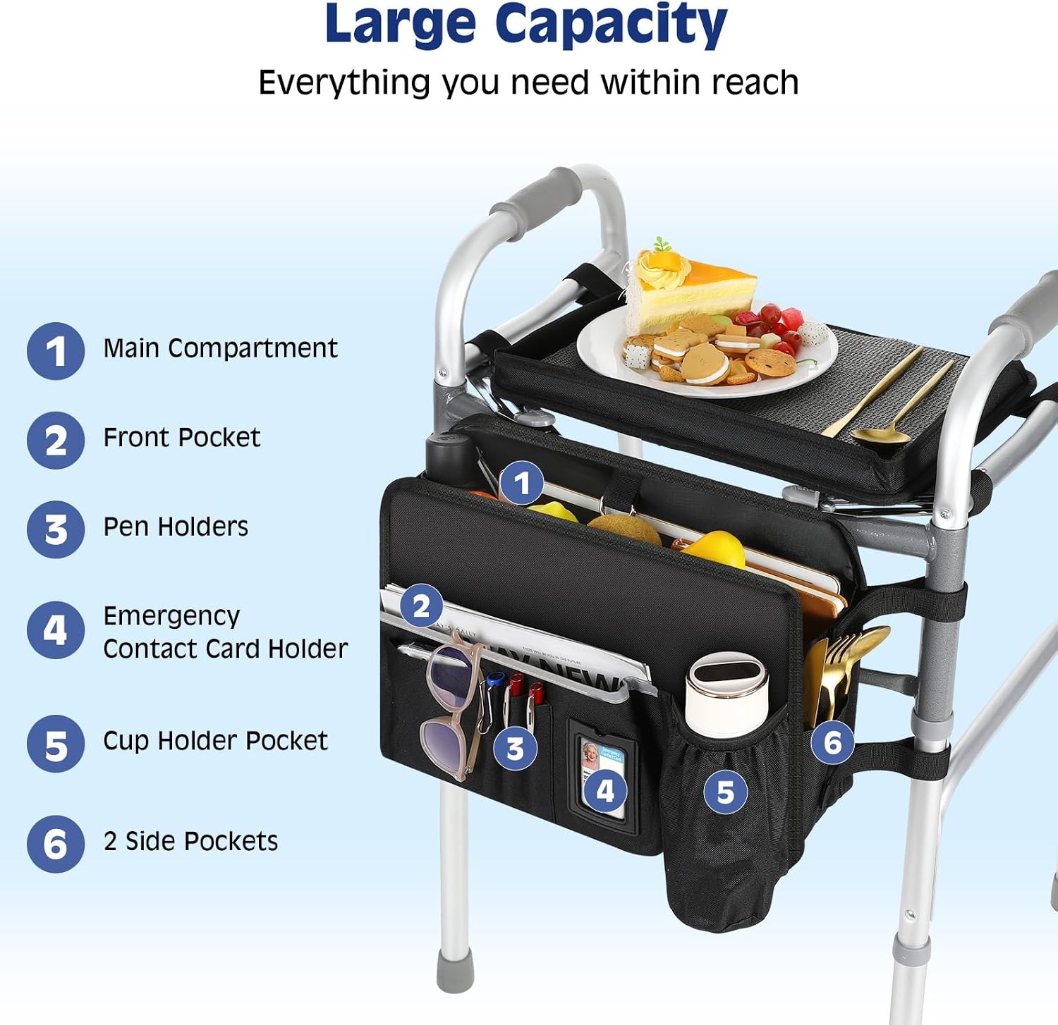 MoKo Walker Basket Bag with Tray, Upgraded Detachable Walker Tray for Folding Walkers with Non-Slip Mat, Large Storage Bag with Multi-Pockets and Cup Holder, Walkers Accessories for Senior, Black - Image 3