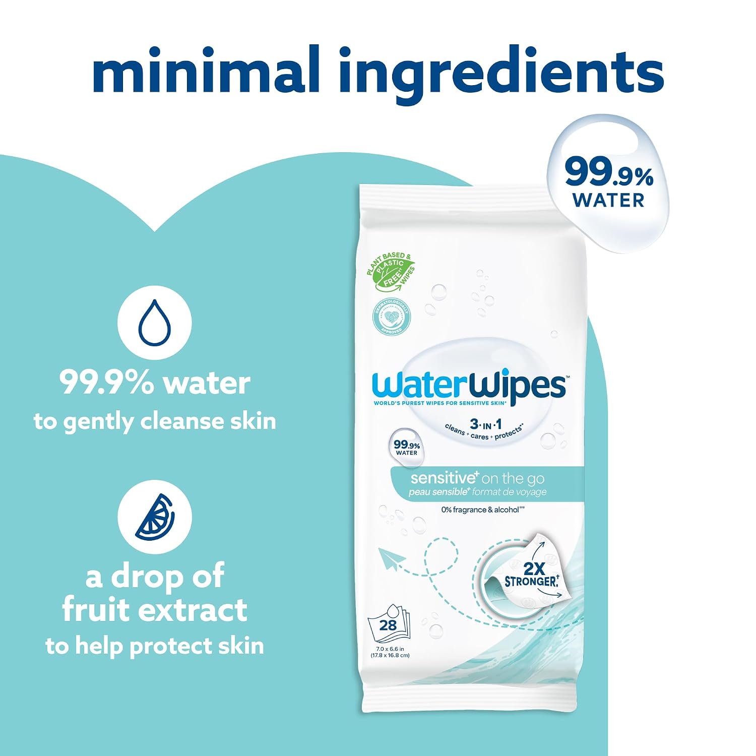 WaterWipes Sensitive+ On The Go Wipes, 3-In-1 Cleans, Cares, Protects, 99.9% Water, Unscented & Hypoallergenic Wet Wipes, 28 Count (Pack of 1) - Image 4