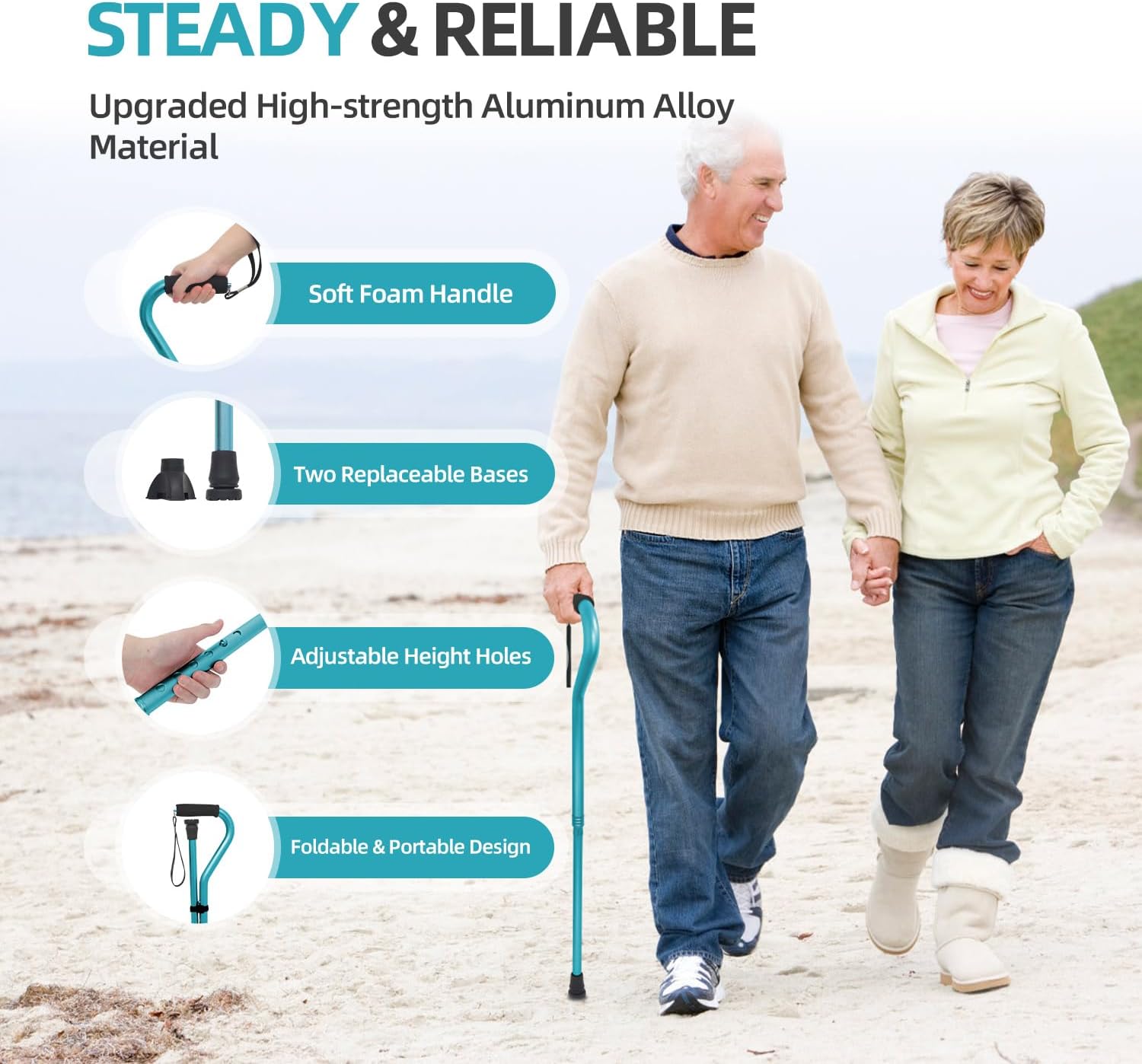 BeneCane Walking Cane for Men & Women Adjustable Cane with Offset Soft Cushioned Handle -Portable Lightweight Sturdy Mobility Walker Aid for Elderly, Seniors Collapsible Cane - Image 2