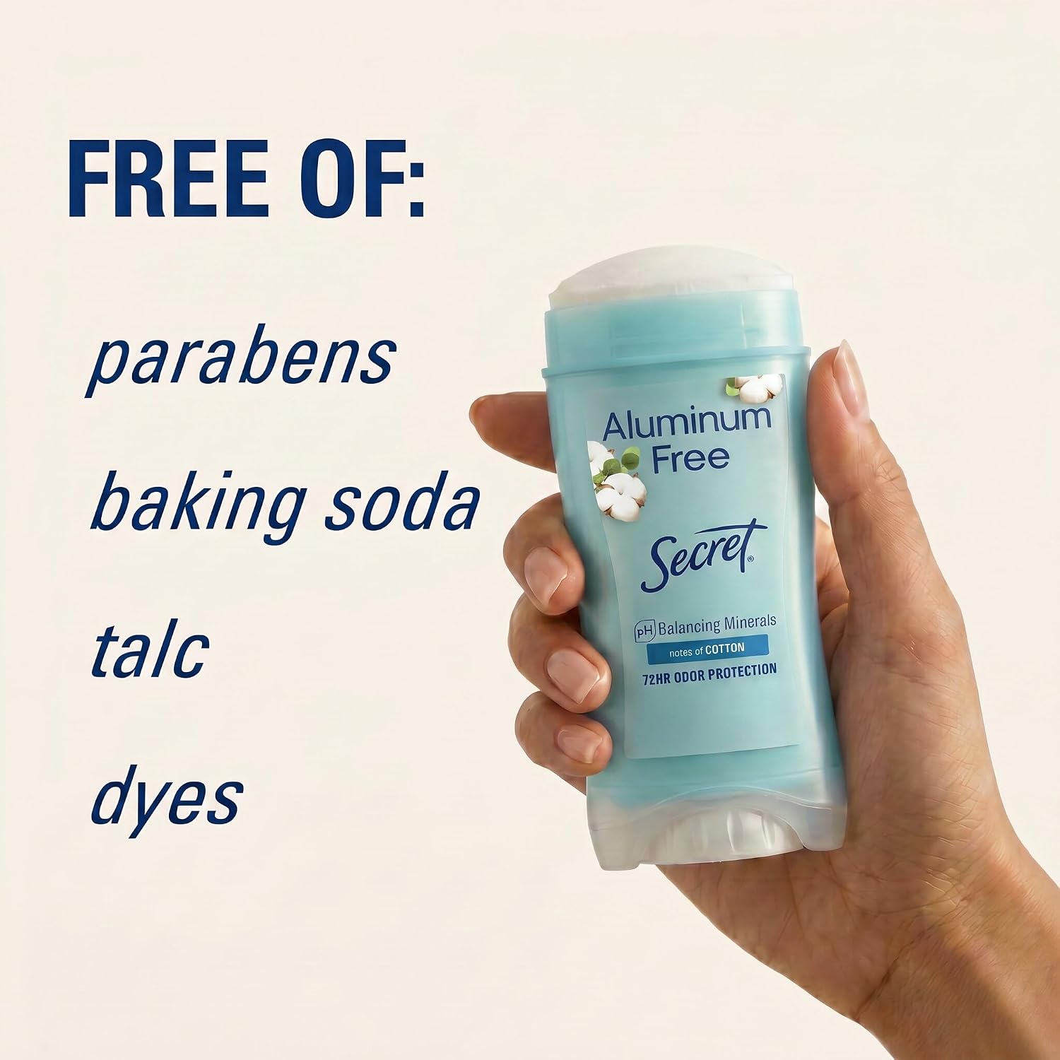 Secret Aluminum Free Deodorant for Women, 72hr Odor Protection, Naturally Derived Ingredients, Free of Parabens Dyes Talc & Baking Soda, PH Balancing Minerals, Dry Solid, Cotton Scent, 2.4 oz - Image 4