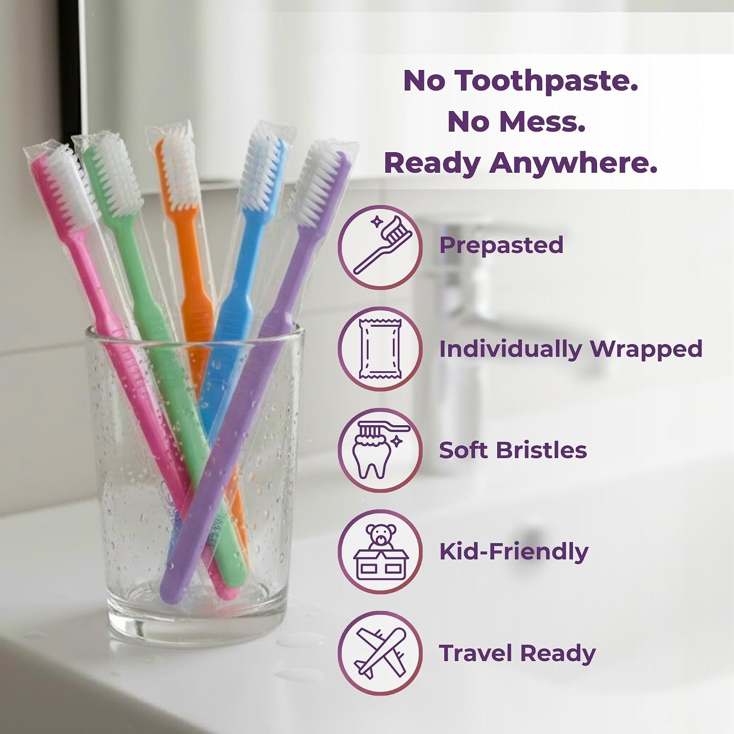 Kids 40 Prepasted Disposable Toothbrushes Individually Wrapped - Single Use Pre Pasted Disposable Toothbrushes with Toothpaste Built in - Waterless Toothbrush for Travel, Guests, Hotel, & Camping - Image 2