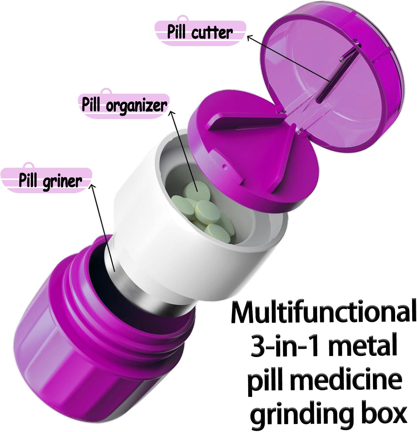 Pill Cutter Splitter for Small and Tiny Pills Vitamins Tablets, Built-in Storage Compartment, Pill Crusher Fine Powder with Stainless Steel Grinding Head,Pills Grinder with Pill Box Organizer (Purple) - Image 2