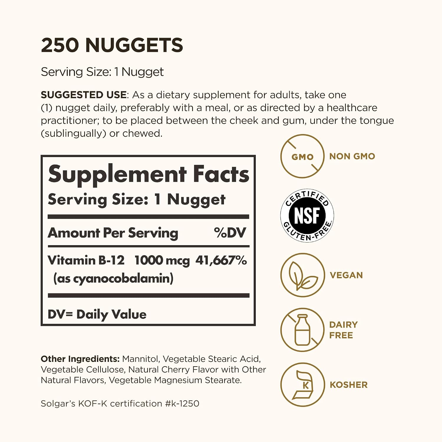 Solgar Vitamin B12 1000 mcg, 250 Nuggets - Supports Production of Energy, Red Blood Cells - Healthy Nervous System - Promotes Cardiovascular Health - Vitamin B - Non-GMO, Gluten Free - 250 Servings - Image 2