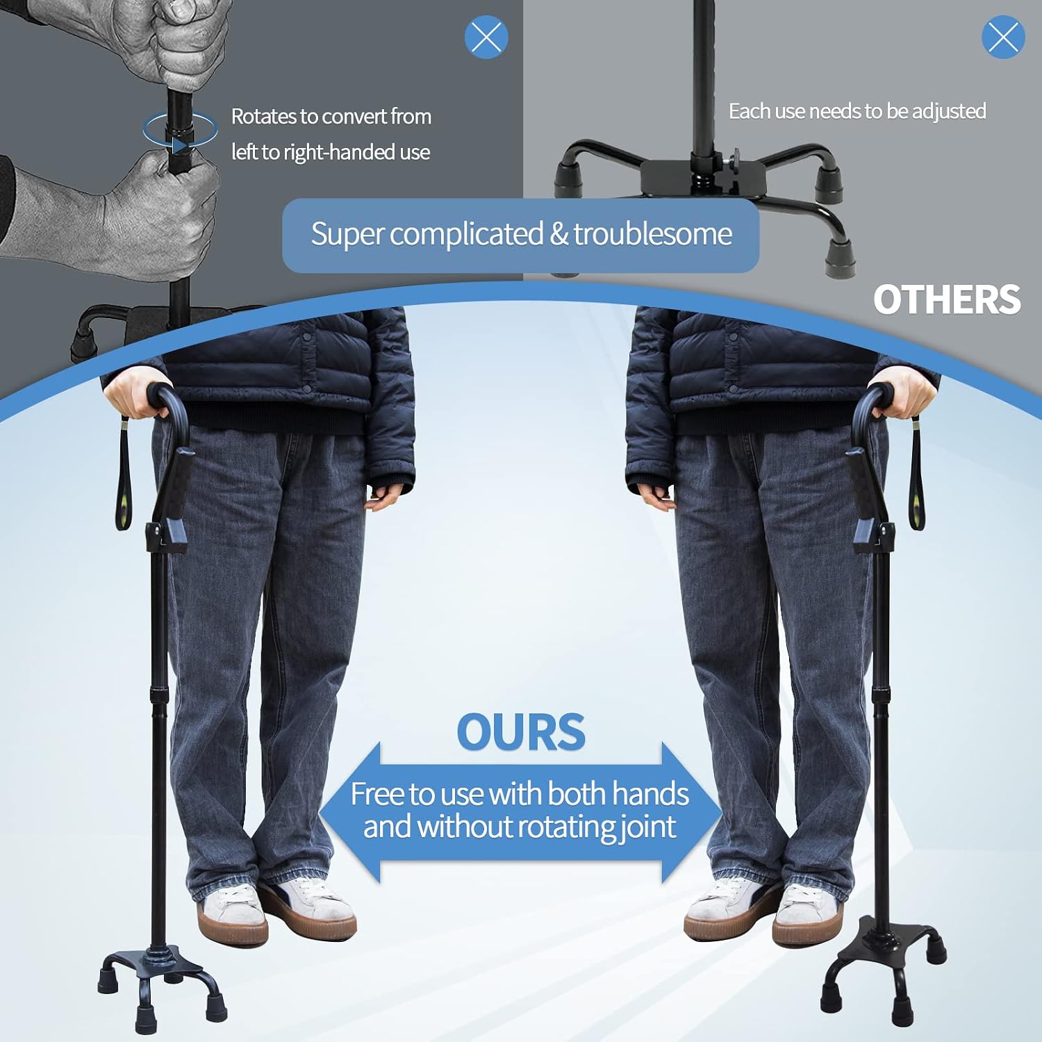 Adjustable Walking Cane for Men & Women with 4-Pronged Base for Extra Stability - Foldable Cane for Seniors with Foam Padded Offset Handle for Soft Grip & a Second Handle for Standing - Image 3