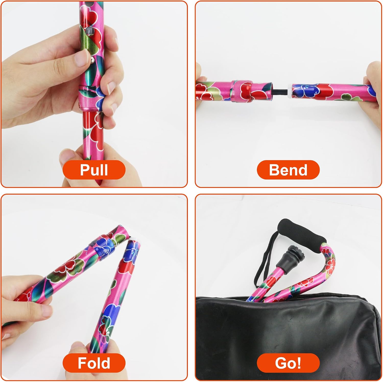Floral Canes for Women Folding Cane for Stability with Non-Slip Base, Adjustable Walking Cane for Seniors - Lightweight Collapsible Walking Sticks with T & Offset Handle - Image 4