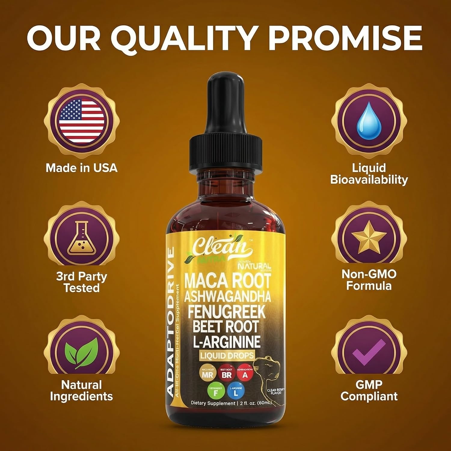 Clean Nutra Organic Maca Root Liquid Drops with Ashwagandha, Fenugreek, Beet Root and L-Arginine Liquid Multivitamin for Women and Men - Adapto Drive - Image 7