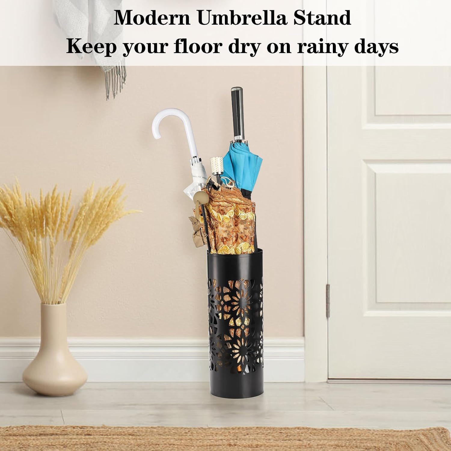 Bekith Metal Umbrella Holder, Free Standing Umbrella Stand for Entryway, Canes Walking Sticks Holder for Home, Office, 6.7" x 6.7" x 16.5", Round, Black - Image 7