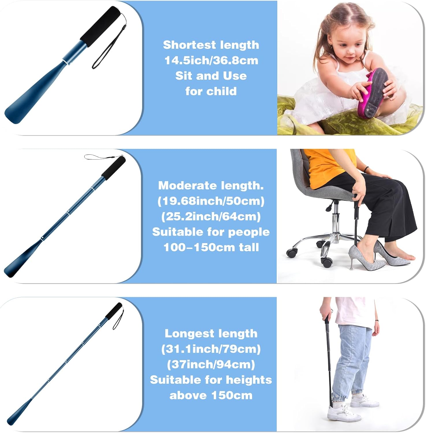 JJDPARTS Shoe Horn Long Handle,14.5"-37" Retractable Shoe Horn,Aluminum Shoe Horn For Men Women Kids Seniors - Image 8