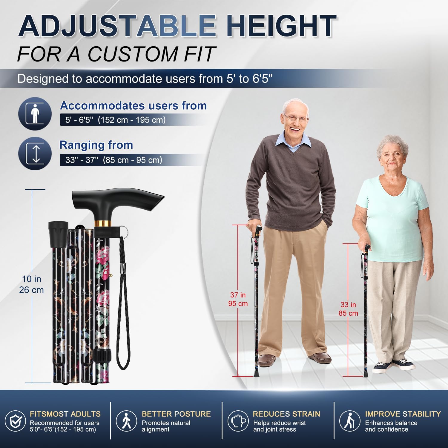 supregear Folding Cane, 5-Level Adjustable Height Walking Stick Lightweight Collapsible Portable Travel Cane with Wrist Strap and T Handle for Elderly Disabled Men Women - Image 2