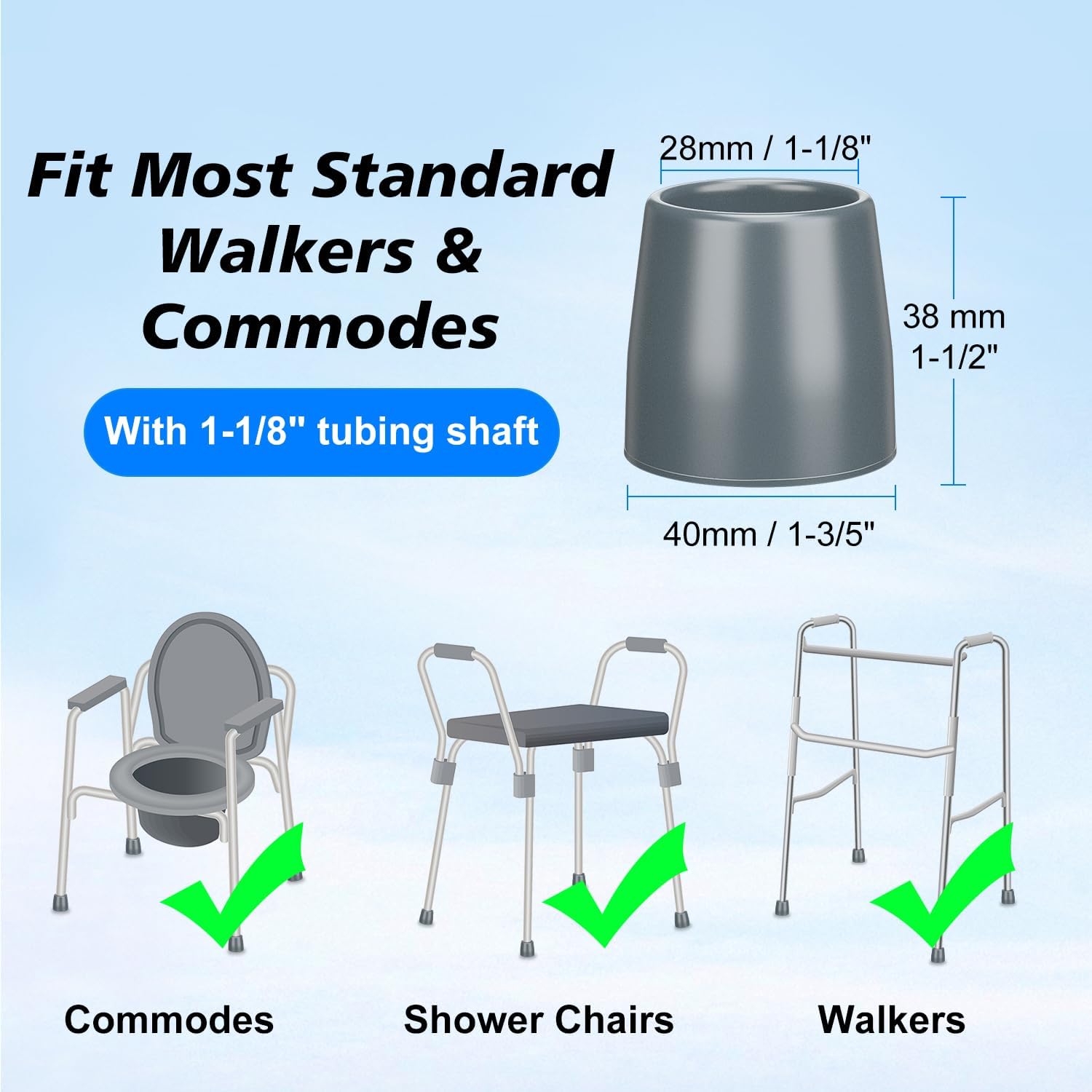 supregear Walker Tips 1-1/8 Inch, 4 Pack Heavy Duty Rubber Replacement Feet with Metal Inserts, Fits 28 mm Tubes for Walkers, Commodes and Shower Chairs - Image 2