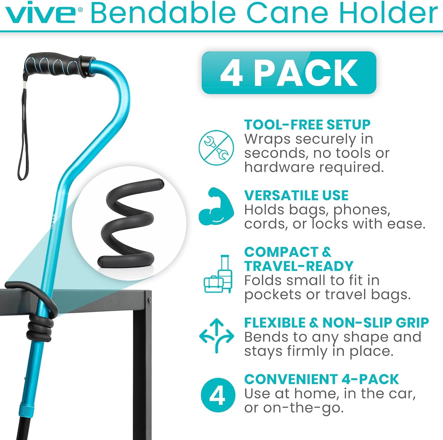 Vive Bendable Cane Holder 4 Pack - Flexible Walking Stick Stand for Table - Image 2