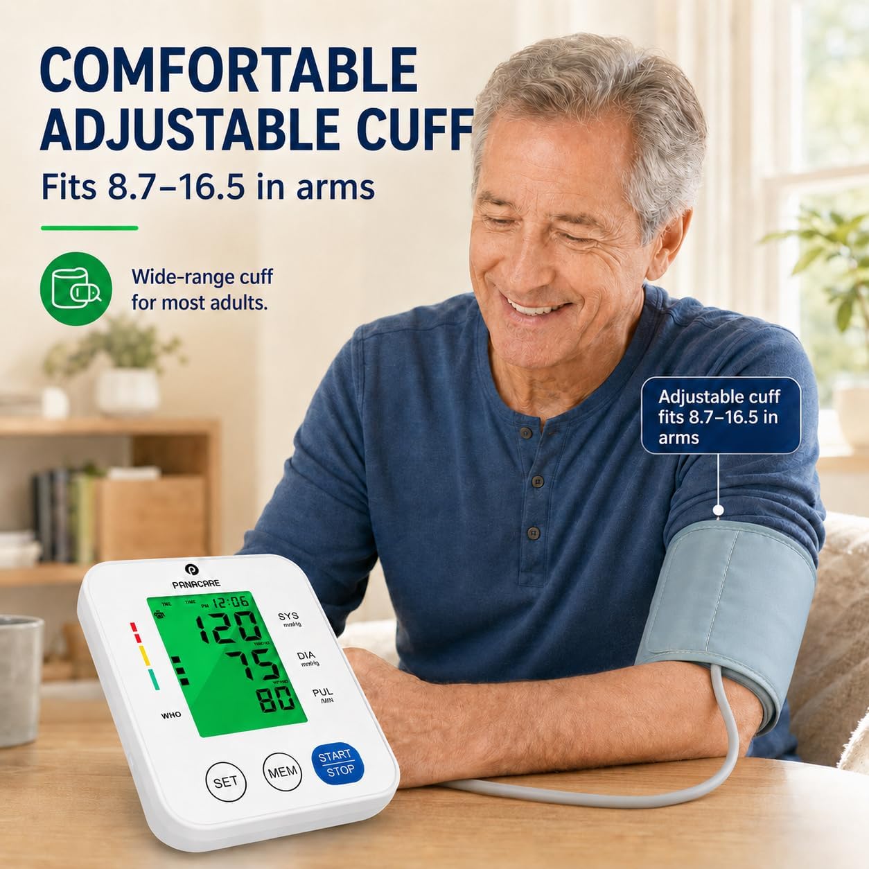 Upper Arm Blood Pressure Monitor for Home Use, Adjustable Cuff (8.7–16.5 inches), Large Backlit Display, White - Image 4