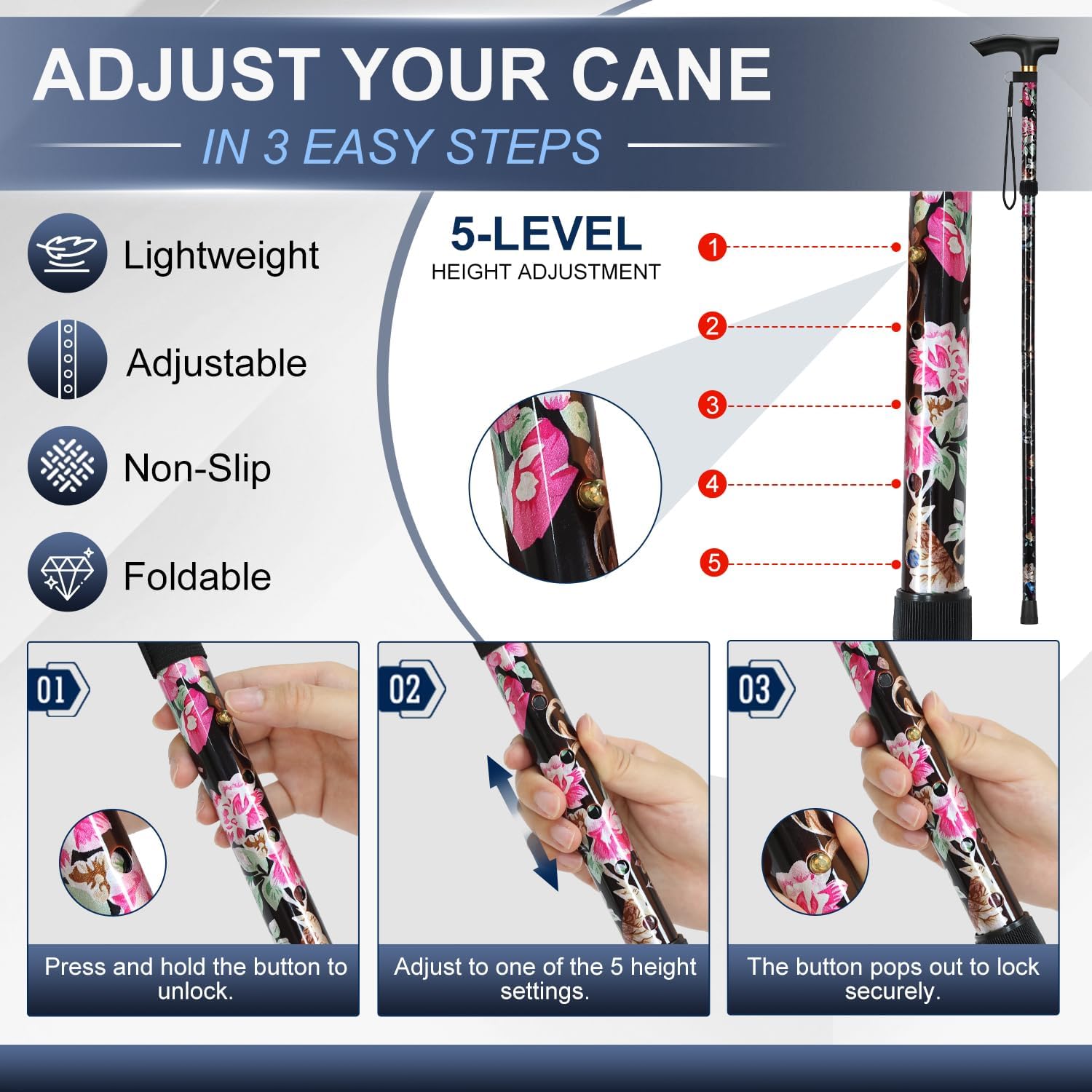 supregear Folding Cane, 5-Level Adjustable Height Walking Stick Lightweight Collapsible Portable Travel Cane with Wrist Strap and T Handle for Elderly Disabled Men Women - Image 3