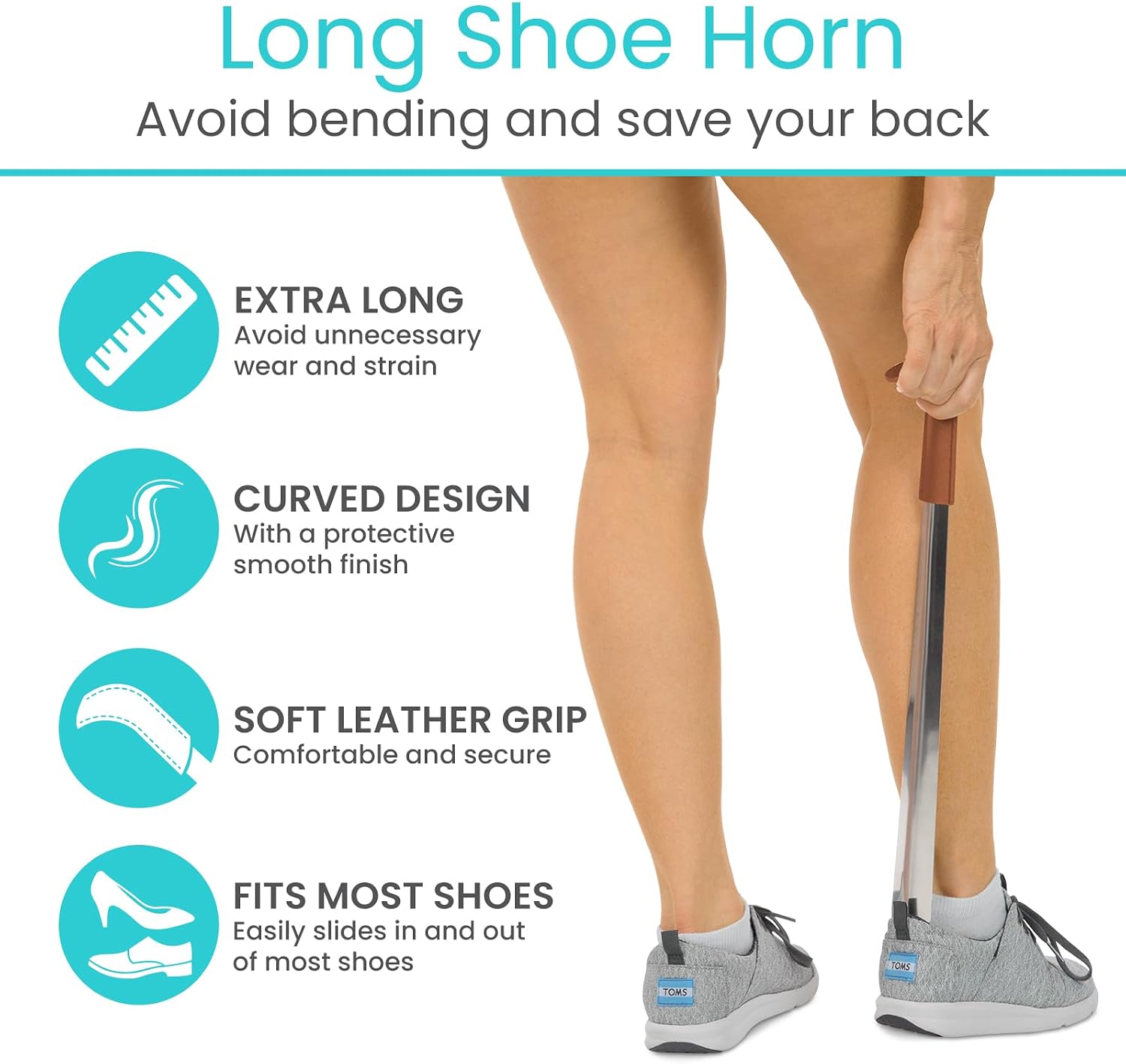 Vive Long Shoe Horn (2 Pack) - Metal Shoehorn for Men, Women, Kids, Travel, Boot - Large Extended Mobility Reach Stainless Steel Leather Handle - Dress Assist for Handicap, Elderly, Seniors (16.5 in) - Image 2