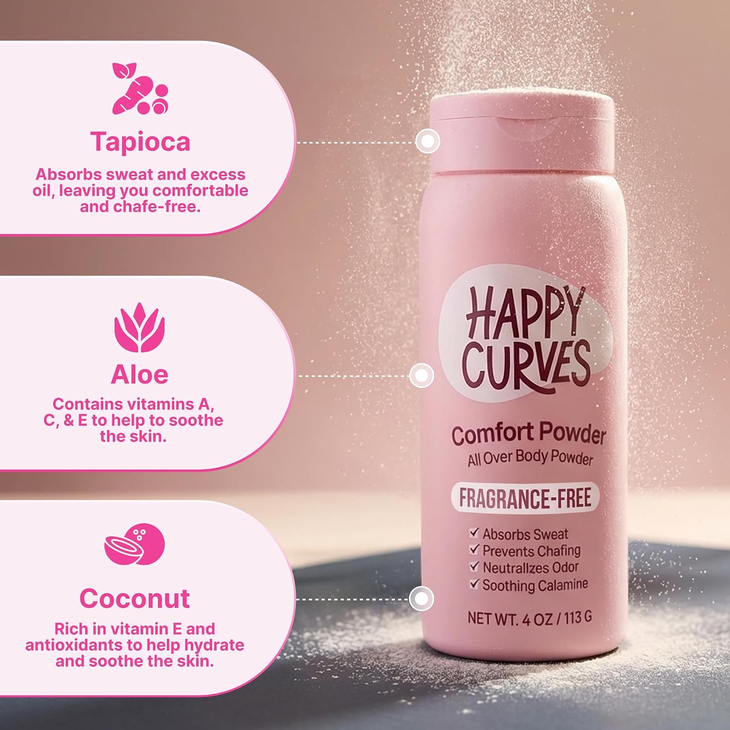 HAPPY CURVES Comfort Powder: Talc Free Anti Chafe Body & Foot Dusting Powder Deodorant to Control Inner Thigh Chafing, Private Areas, and All Over Body for Women (4 Ounce (Pack of 1), Fragrance-Free) - Image 5