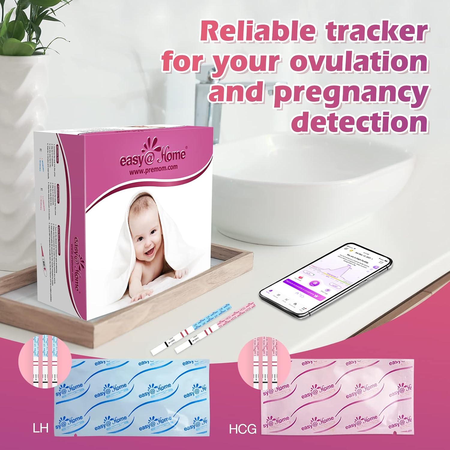 easy@Home 50 Ovulation Test Strips + 20 Pregnancy Tests + BBT Thermometer - Image 3