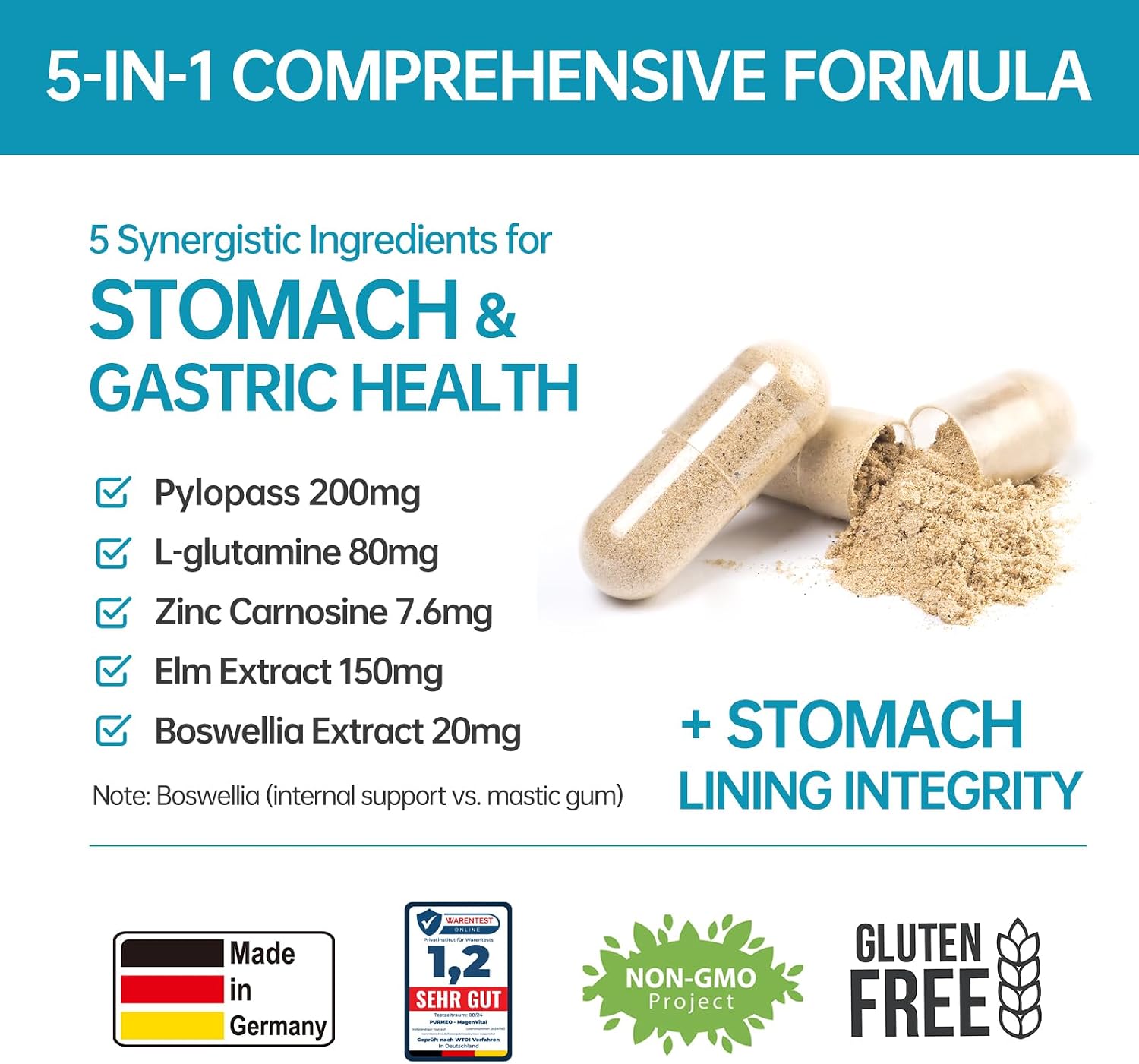 5-in-1 High Potency H. Pylori Probiotic, 1 Per Day - Supports Gastric Lining Integrity, Occasional Indigestion, Acid Comfort - Pylopass Lactobacillus Reuteri, Gluten Free, Vegan, 30ct, Made in Germany - Image 4