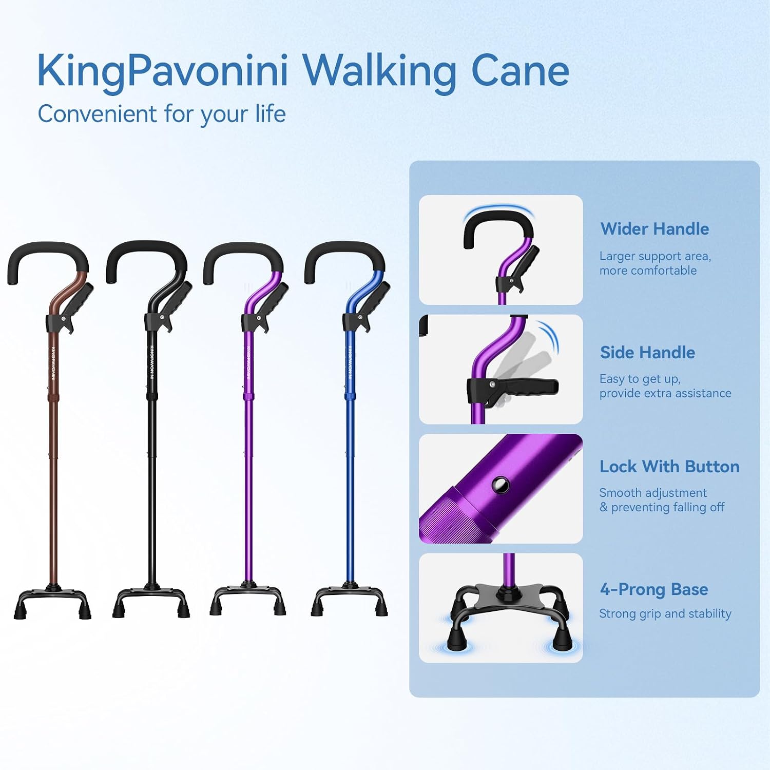 KingPavonini Walking Cane for Women Men, Stable 4-Prong Quad Cane, Purple - Image 8
