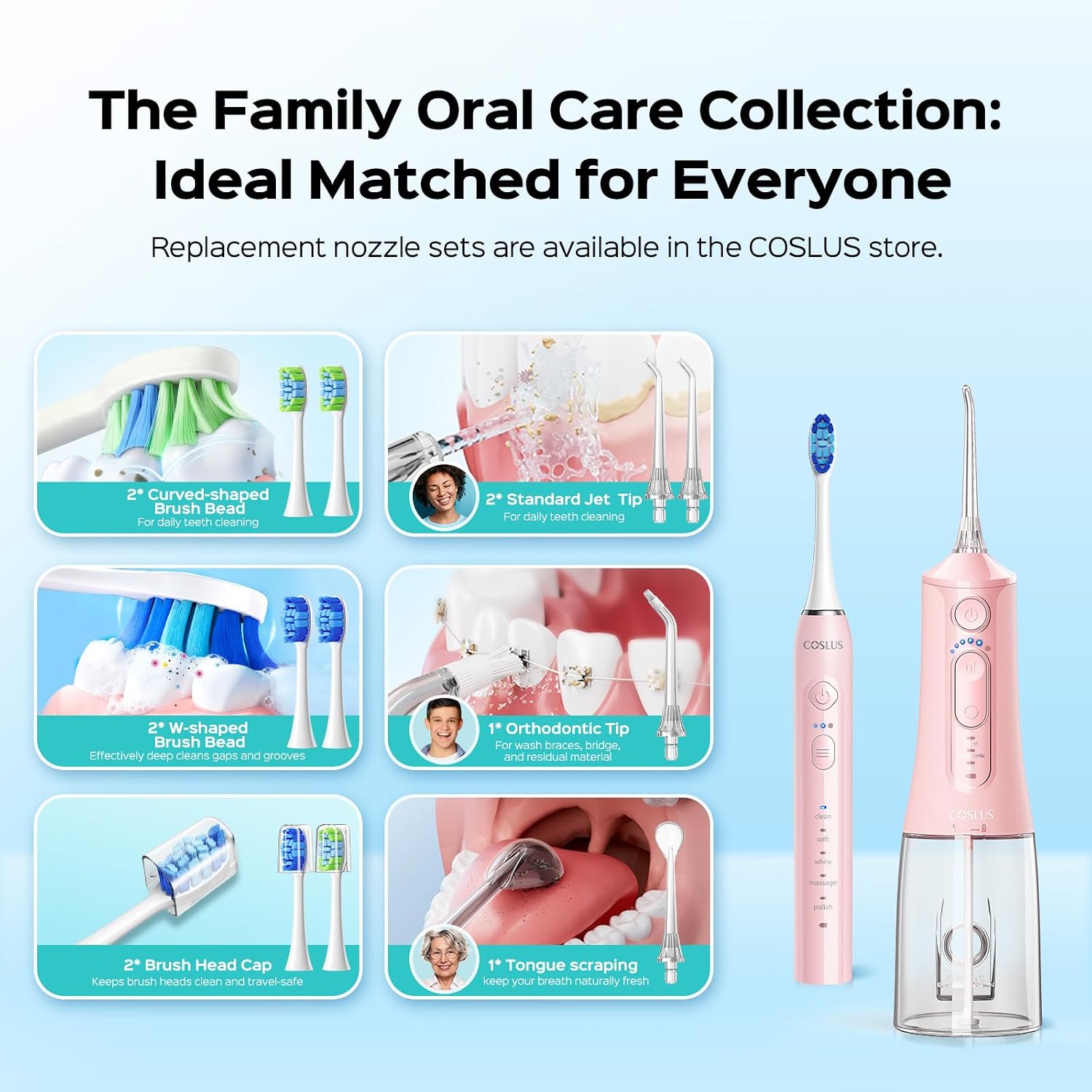 COSLUS C51C30 Water Flosser Electric Toothbrush Combo, Pink Oral Clean Kit - Image 6