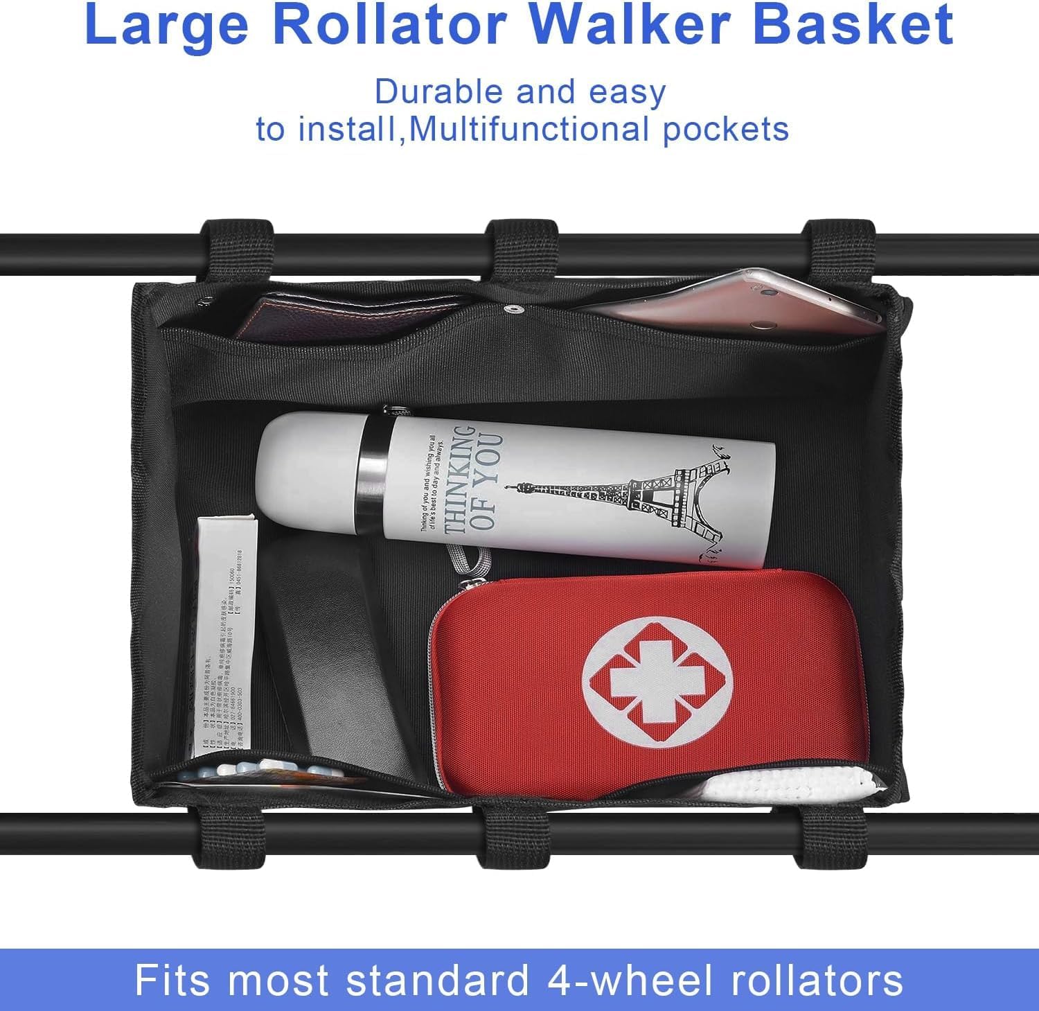 Under Seat Rollator Bag, Walker Bags for Rolling Walker with 4 Inner Pockets, Rollator Walker Basket Accessories for Seniors, Storage Ipad, Books, and Essentials - Image 5