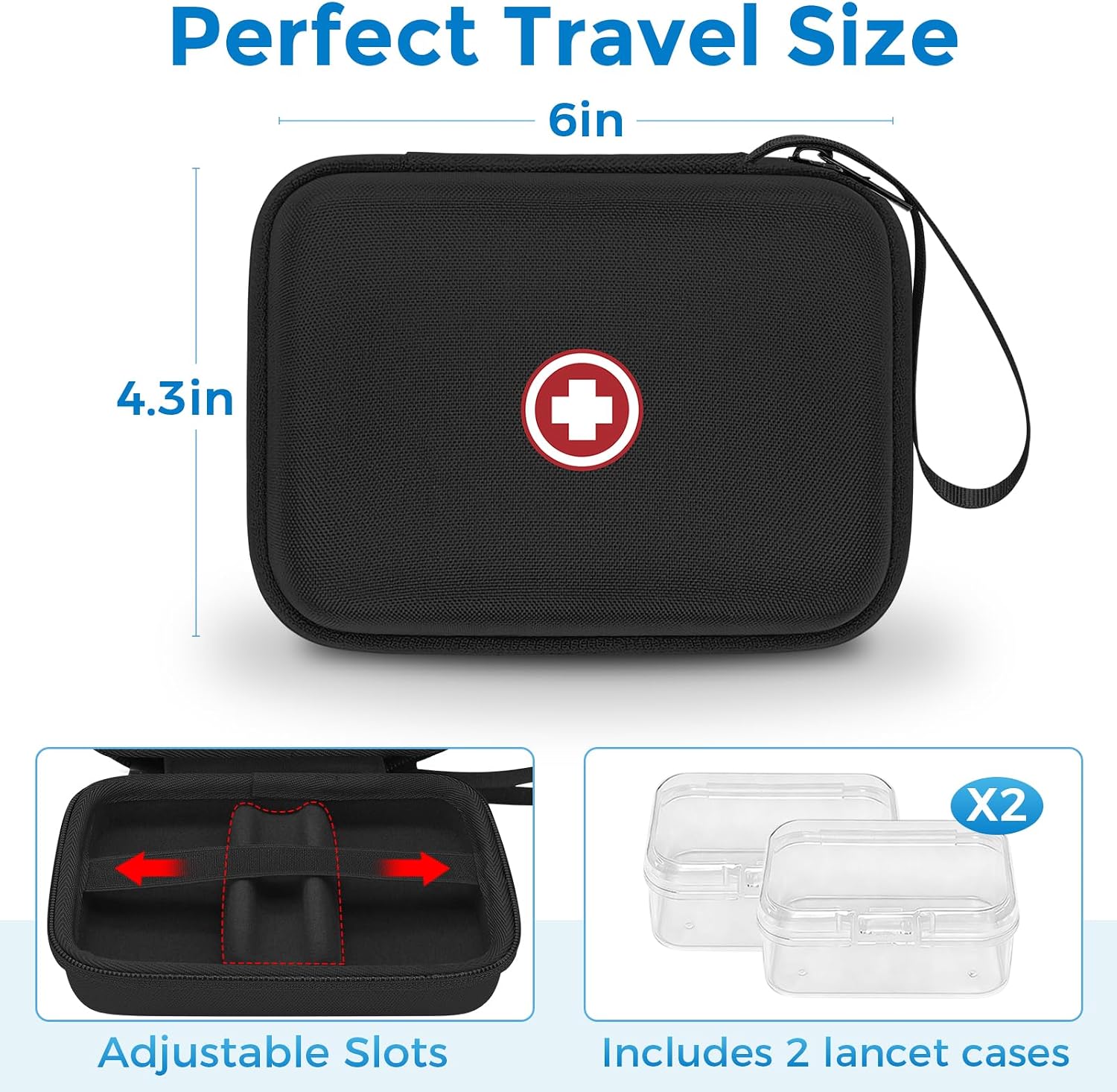 Diabetic Supplies Travel Case, Carrying Case Organizer for Diabetes Testing Kit, Blood Glucose Monitor Kit with Meter, Blood Sugar Test Strips, Lancets, Lancing Device(Case Only) (Black Interior) - Image 4
