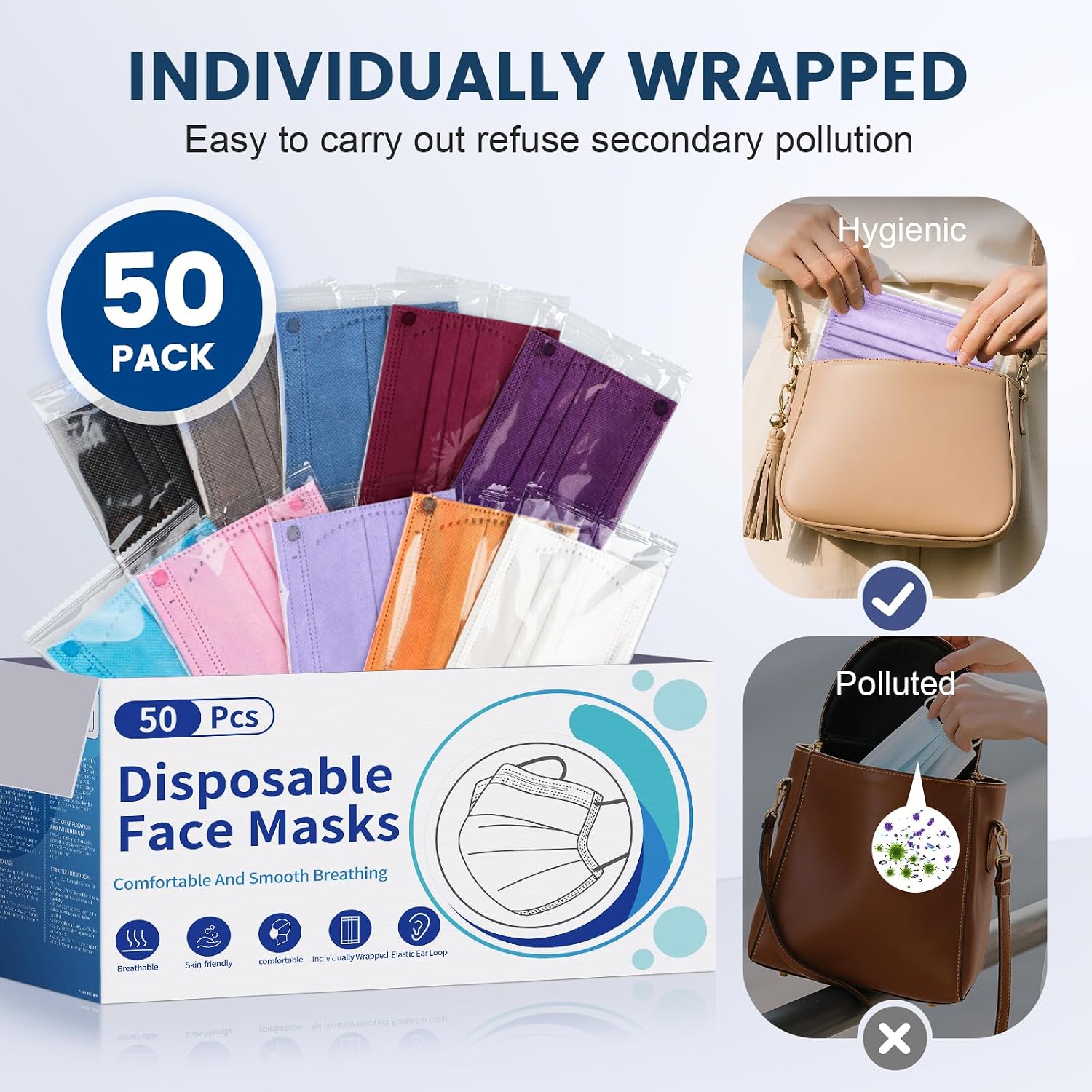 Disposable Face Mask for Adults, 50 Pack, Individually Wrapped, 10 Colors - Image 7