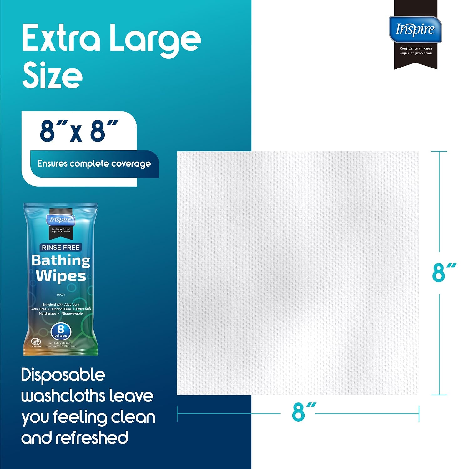 Bathing Wipes for adults bathing rinse free | Adult Wash Cloths Extra Large, Bathing Wipes for Incontinence, 8"x 8" In (48 count) | By Inspire - Image 5