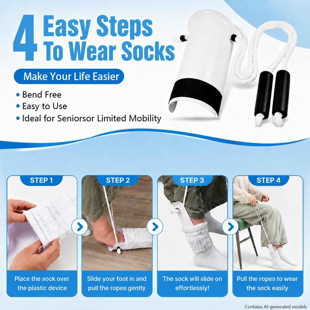 Sock Aid,Sock Aids for Putting On Socks Kit,Sock Helper for Seniors with Adjustable Shoe Horn,Sock Assistant Device No Bending Easy Put on Socks Without Bending for Elderly Disabled After Surgery - Image 5