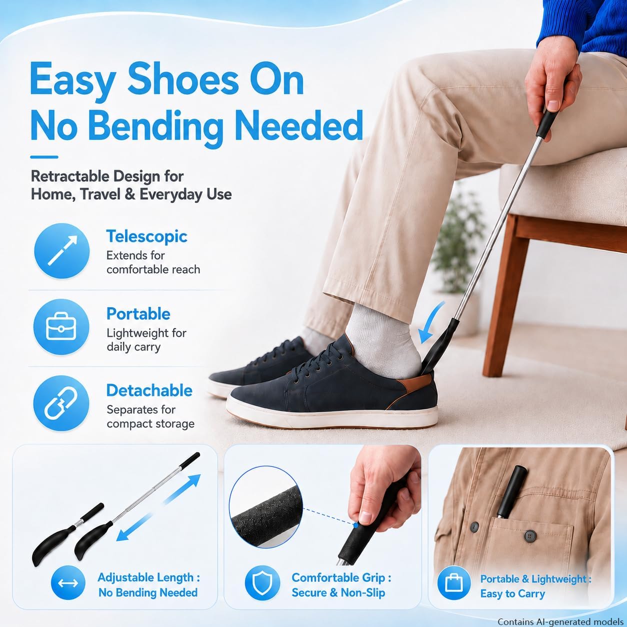 Sock Aid,Sock Aids for Putting On Socks Kit,Sock Helper for Seniors with Adjustable Shoe Horn,Sock Assistant Device No Bending Easy Put on Socks Without Bending for Elderly Disabled After Surgery - Image 3