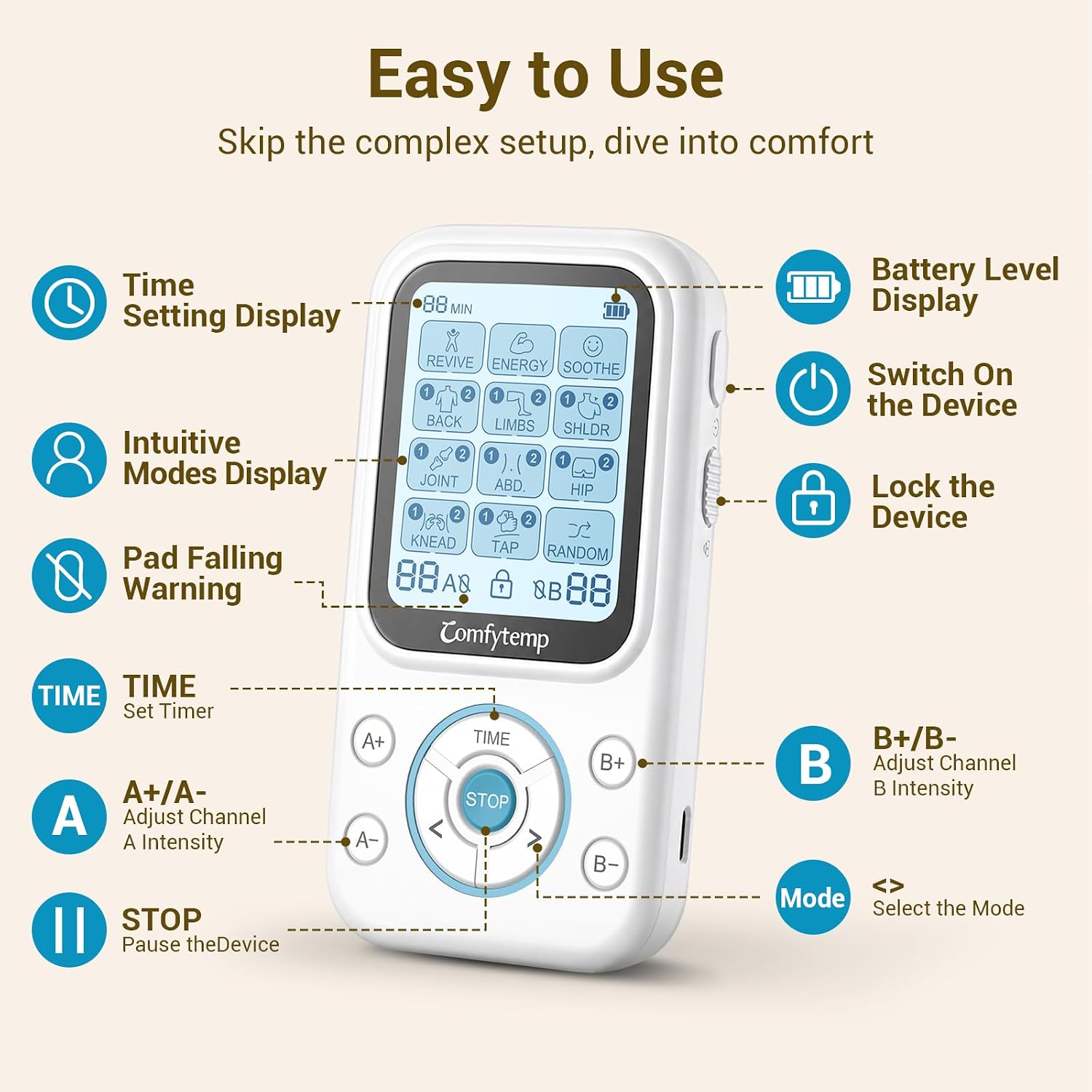 Comfytemp TENS Unit with Specialized Pads for Lower Back & Neck Shoulder Pain Relief, Easy-to-Use TENS Unit Muscle Stimulator with Large Display, Portable Dual Channel TENS Machine with Carrying Case - Image 7