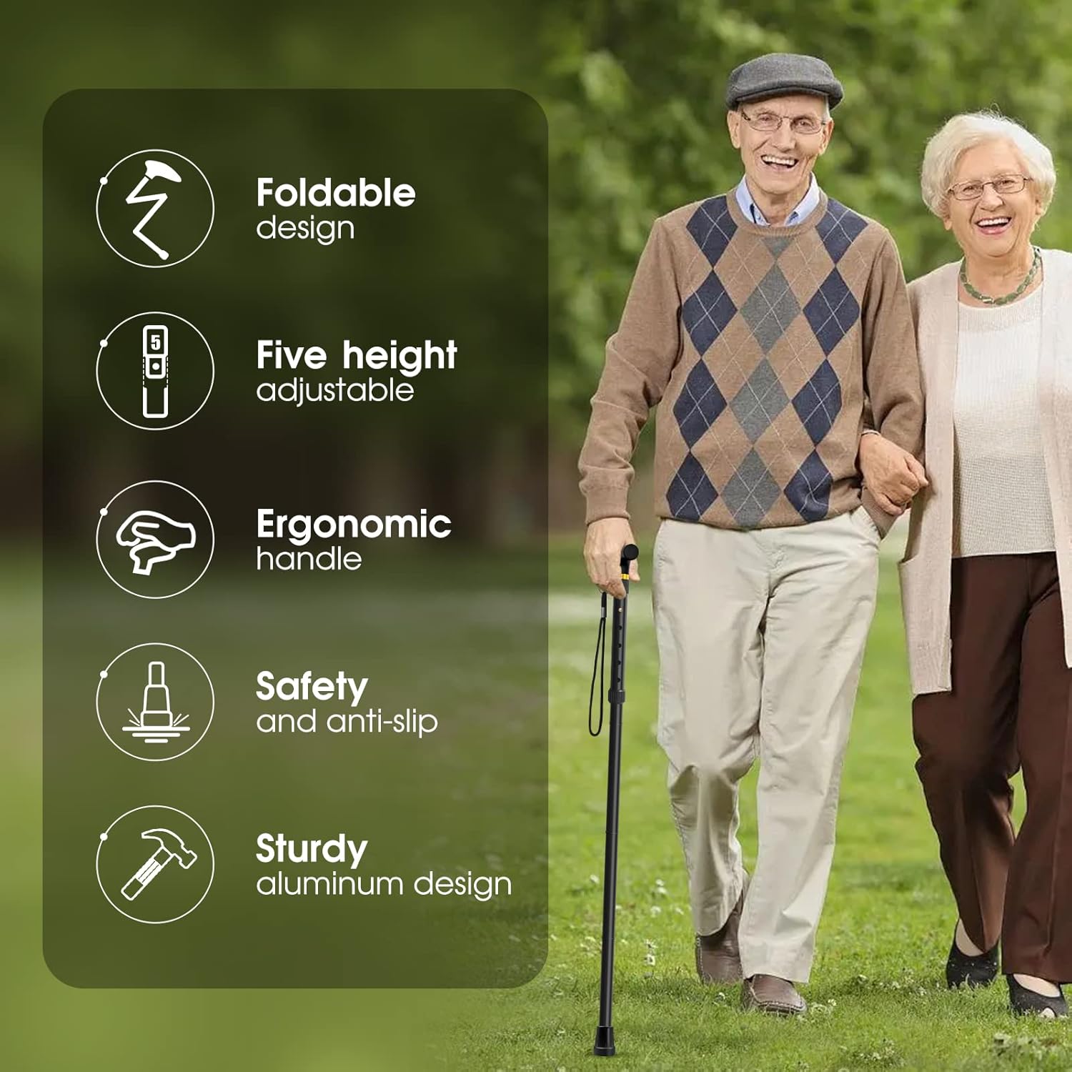 Folding Cane, Walking Poles with Adjustable Height, Canes for Men, Women and for The Elderly, Aids for People WithLlimited Mobility(Black) - Image 2