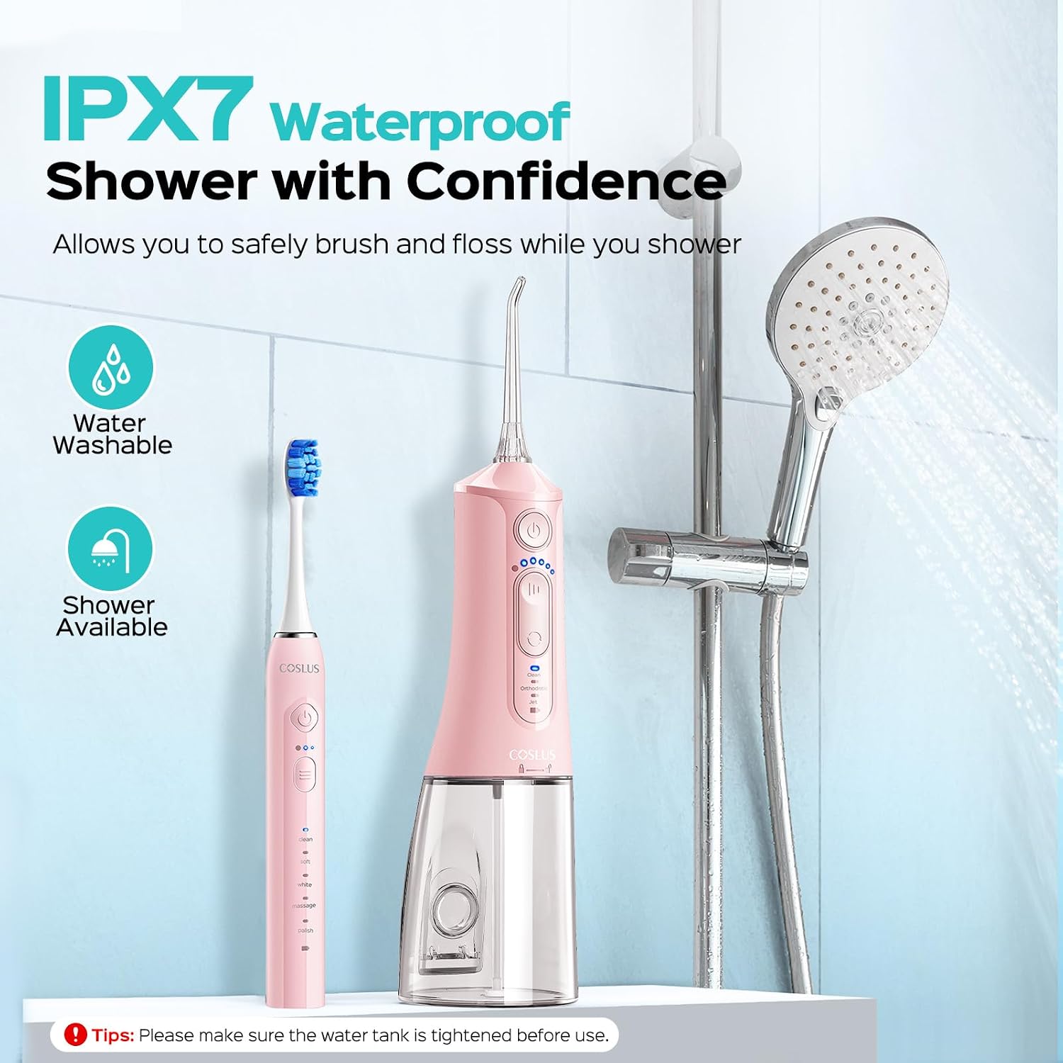 COSLUS C51C30 Water Flosser Electric Toothbrush Combo, Pink Oral Clean Kit - Image 5