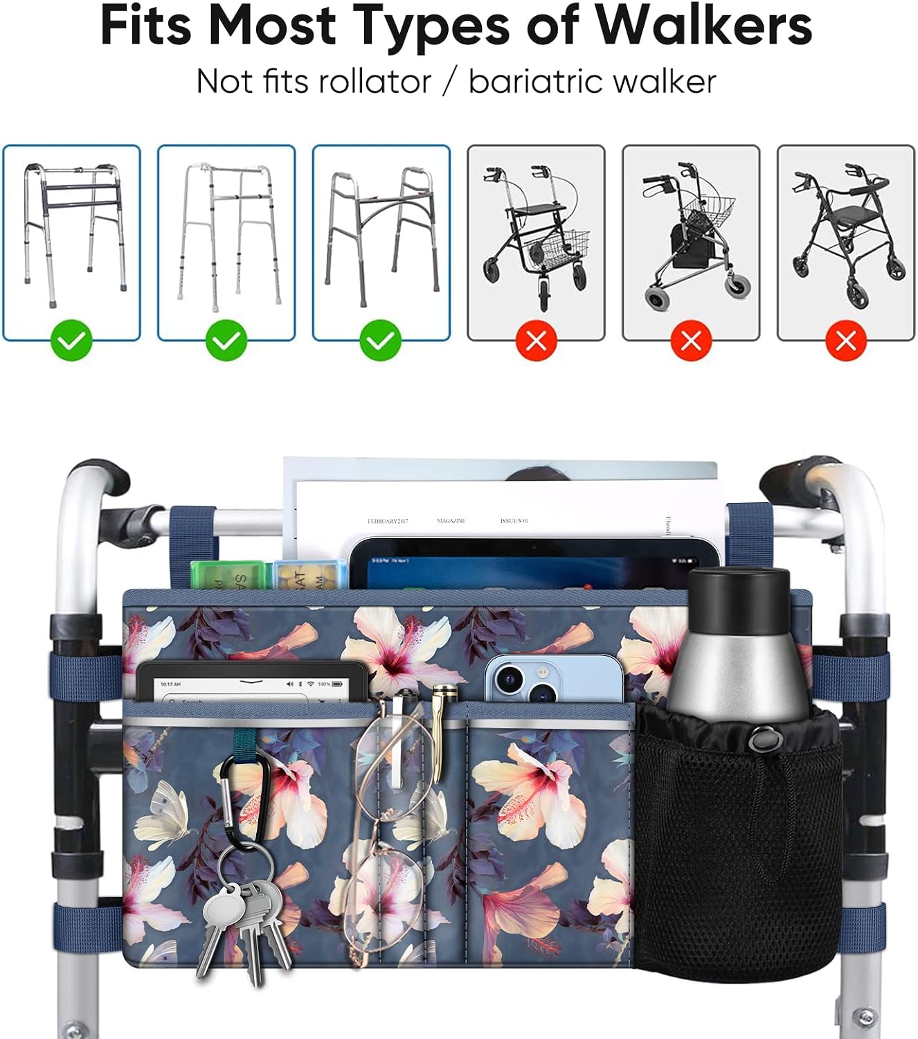 FINPAC Large Walker Tote Bag w/Cup Holder, Folding Walker Attachment Pouch - Image 5