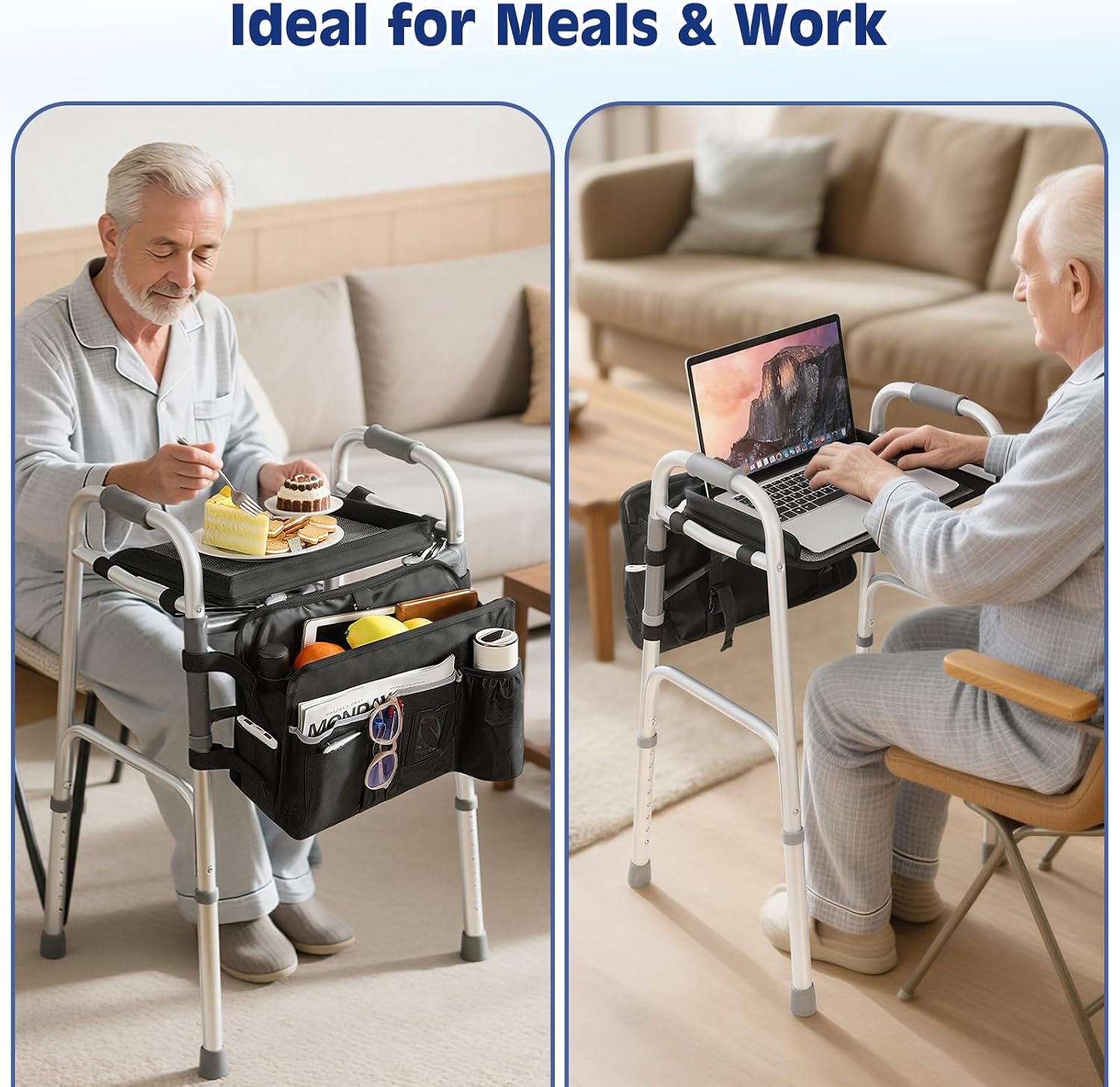 MoKo Walker Basket Bag with Tray, Upgraded Detachable Walker Tray for Folding Walkers with Non-Slip Mat, Large Storage Bag with Multi-Pockets and Cup Holder, Walkers Accessories for Senior, Black - Image 8