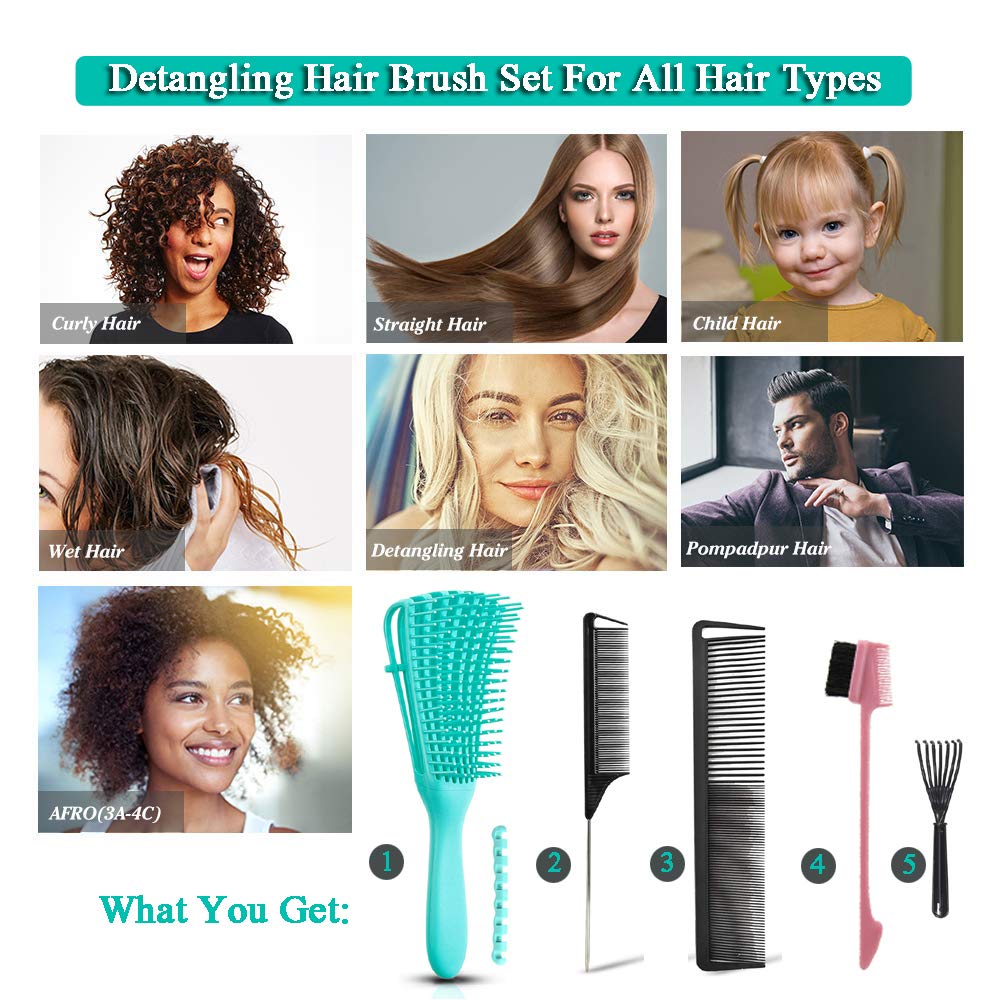5 Pcs Detangling Hair Brush Set, Ez Detangler Brush With Edge Brush, Rat Tail Combs for Black Natural Hair Styling and Cuting, Curly/Straight/Wet/Dry/long/Short Hair Available for Women Kids Men - Image 7