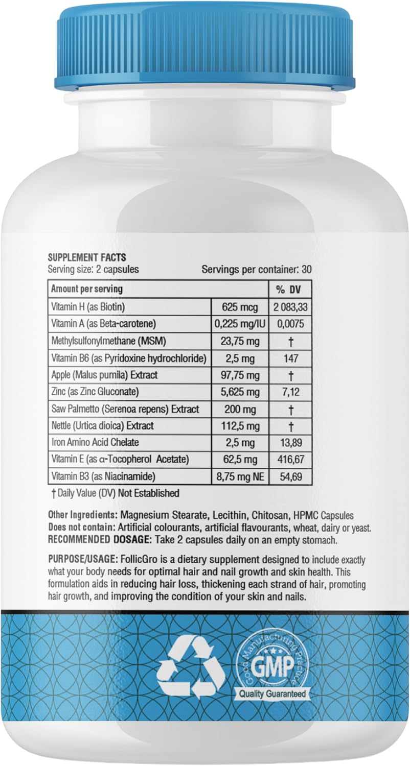 obel Follicgro | Patented Premium DHT Blocker | Saw Palmetto + Biotin + Vitamins + MSM | Hair, Skin & Nails Supplement | 60 Veggie-Capsules | 30 Day Supply | Patented Microsphere Technology - Image 2
