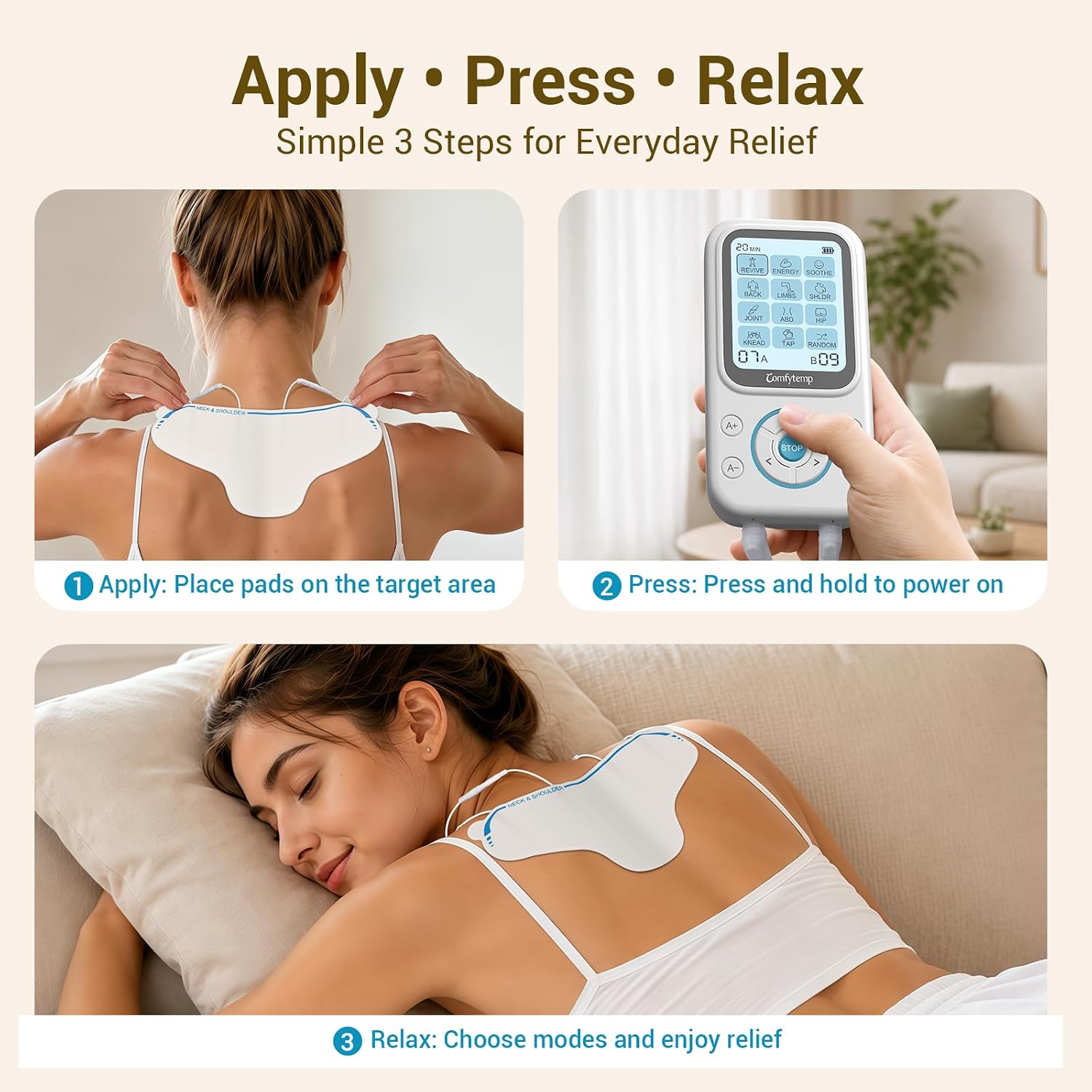 Comfytemp TENS Unit with Specialized Pads for Lower Back & Neck Shoulder Pain Relief, Easy-to-Use TENS Unit Muscle Stimulator with Large Display, Portable Dual Channel TENS Machine with Carrying Case - Image 6