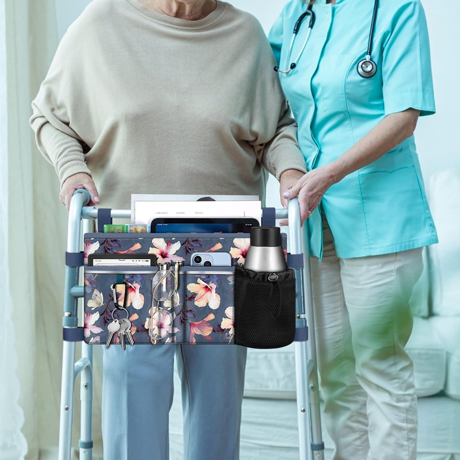 FINPAC Large Walker Tote Bag w/Cup Holder, Folding Walker Attachment Pouch - Image 3